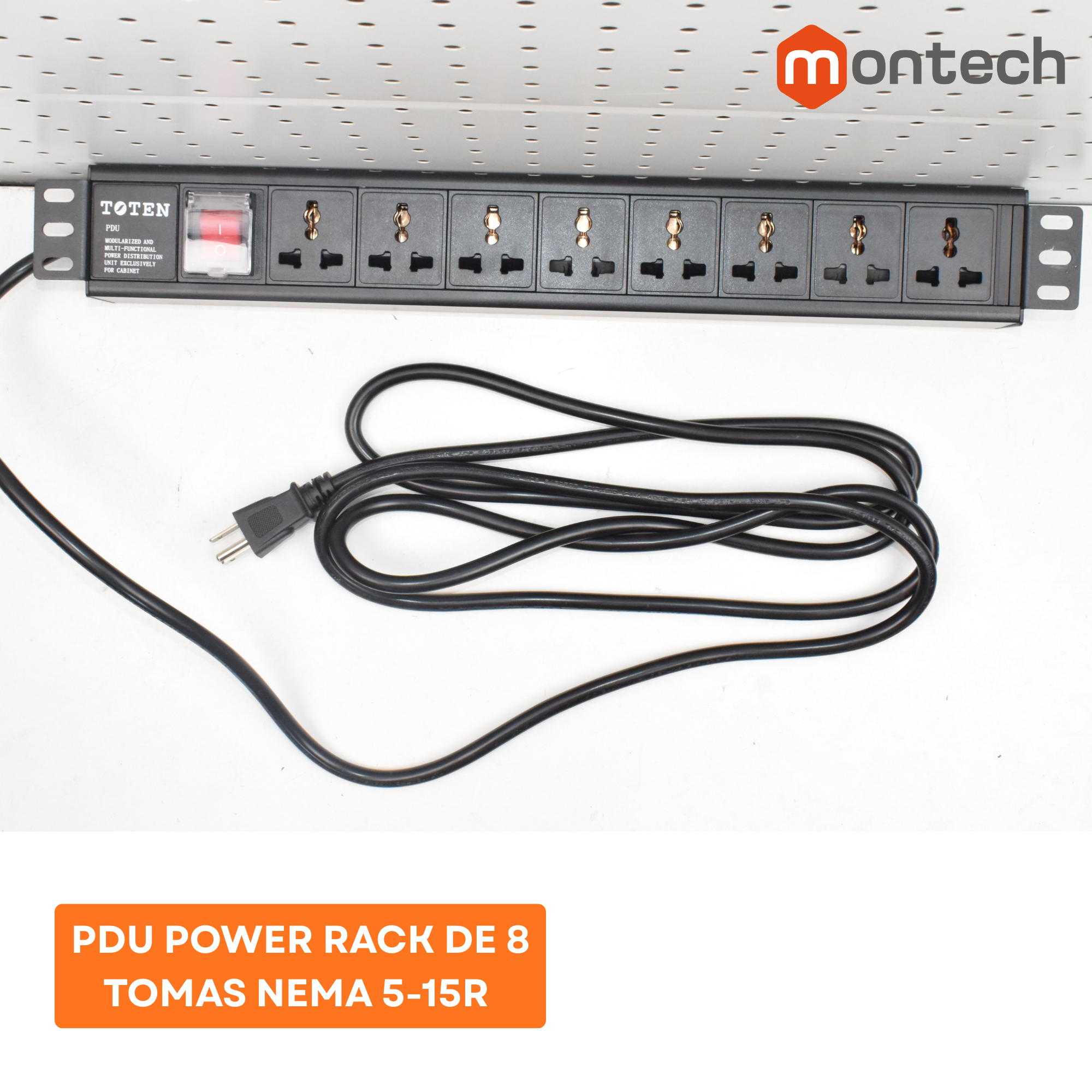 PDU Power Rack tomacorriente 8 tomas Nema 5-15R / Enchufe Nema 5-15P / Cable 3Mt x 16AWG