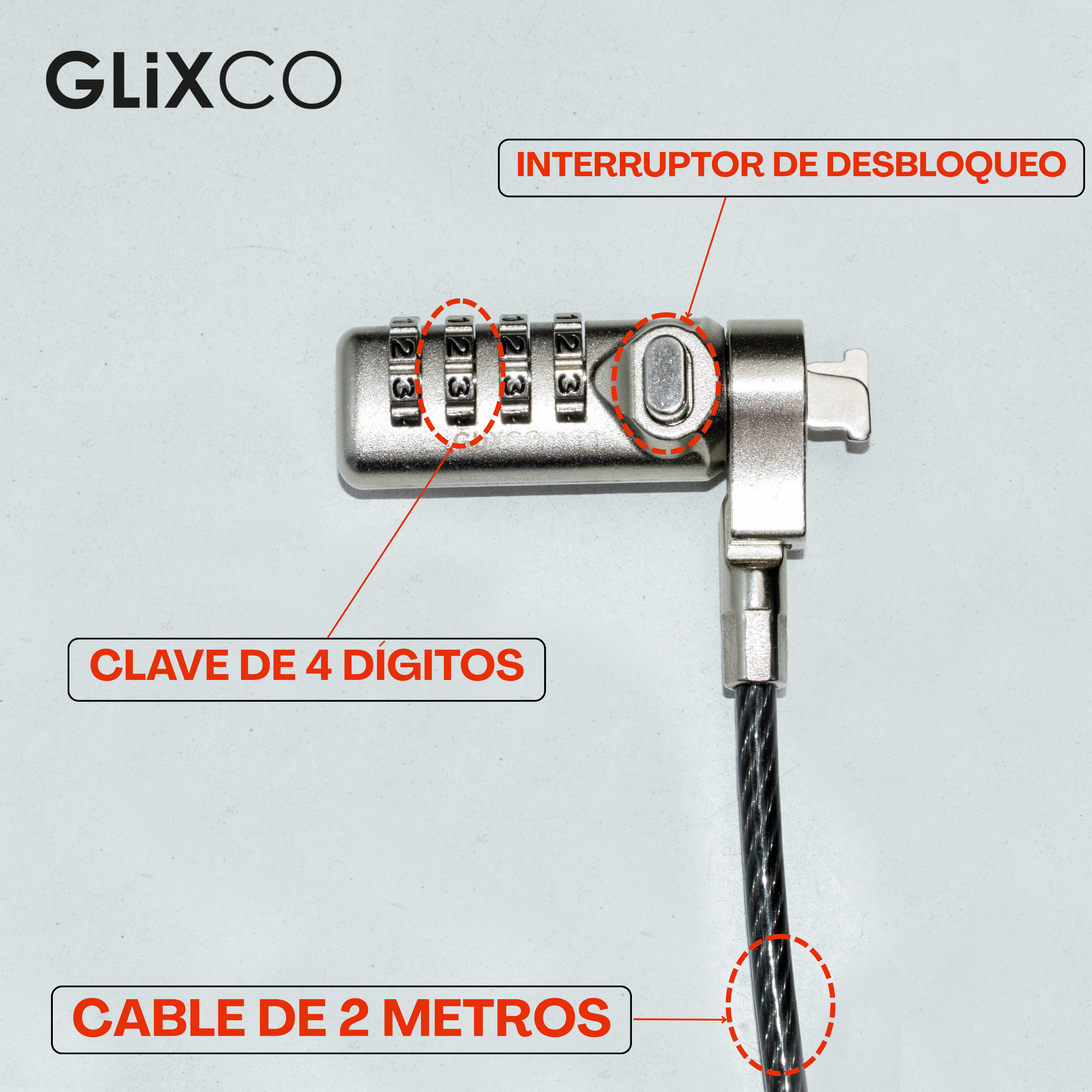 Cable de Seguridad para Laptop con Clave 4 dígitos / 2 Mt / Ranura Standard Kensington