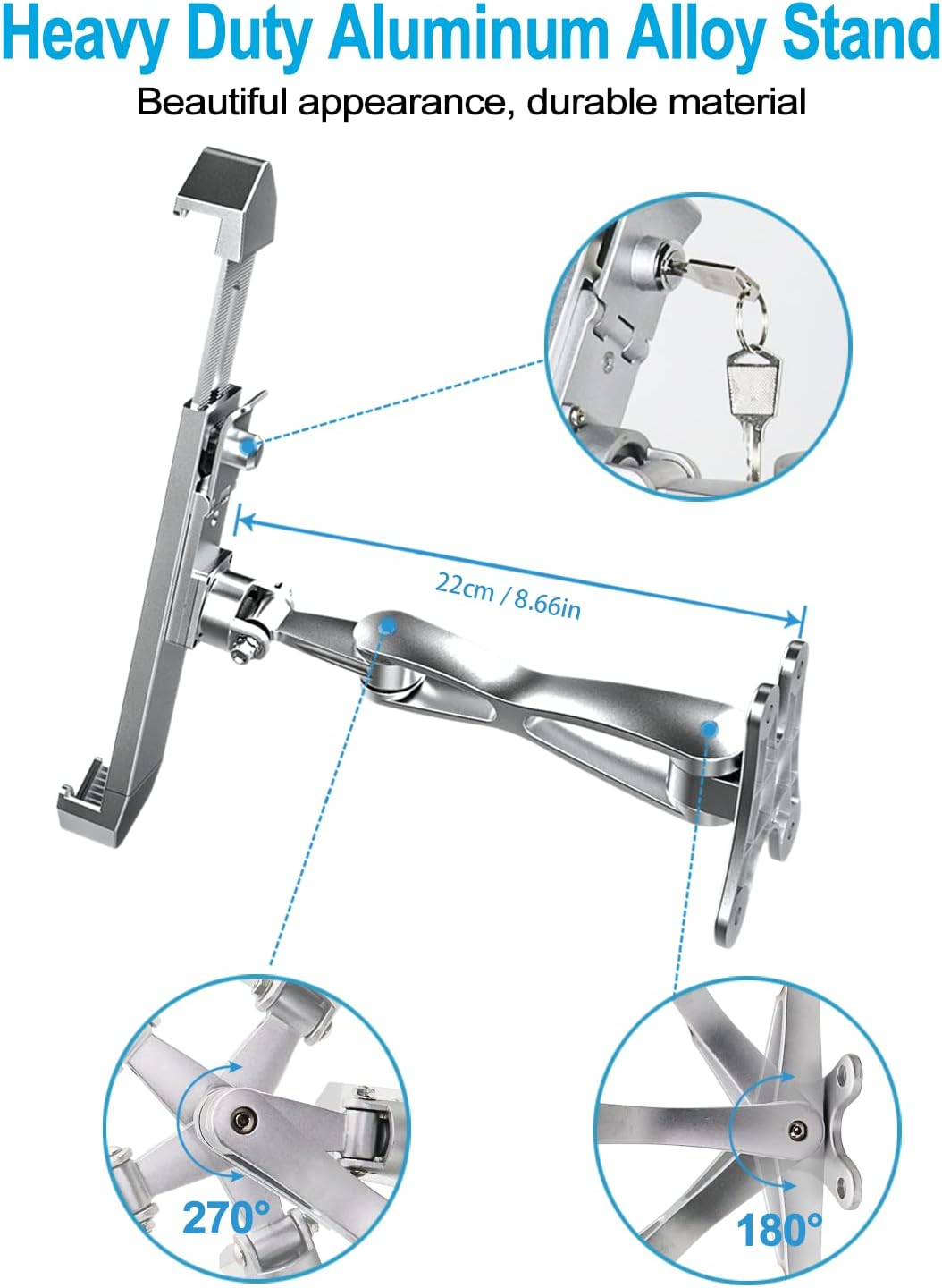 Soporte Tablet Pared Antirrobo, Soporte Tableta de Brazo Articulado Resistente con Candado de Seguridad, para iPad Pro Air Mini, Galaxy, Surface, Tabletas 7-11