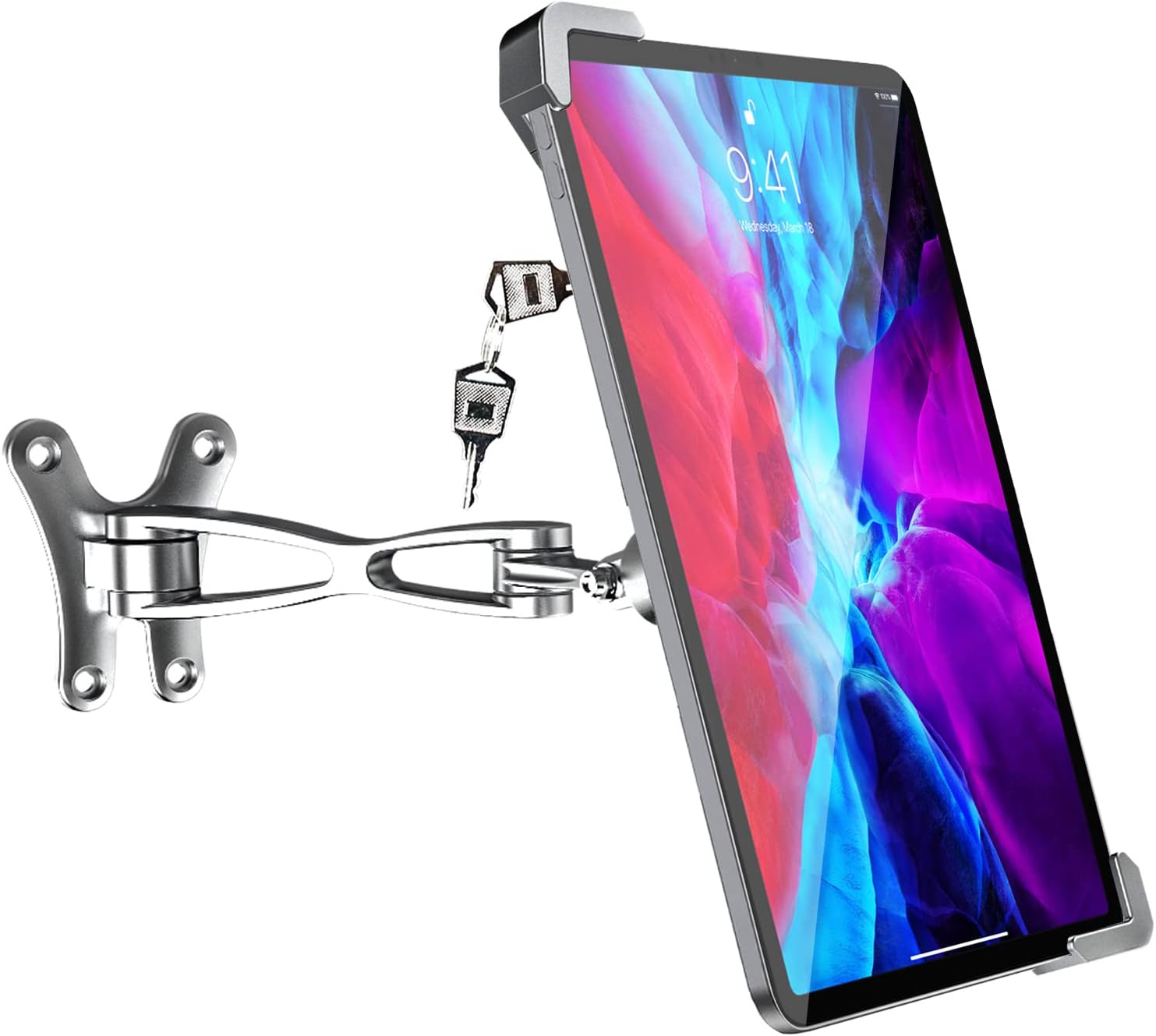 Soporte Tablet Pared Antirrobo, Soporte Tableta de Brazo Articulado Resistente con Candado de Seguridad, para iPad Pro Air Mini, Galaxy, Surface, Tabletas 7-11"