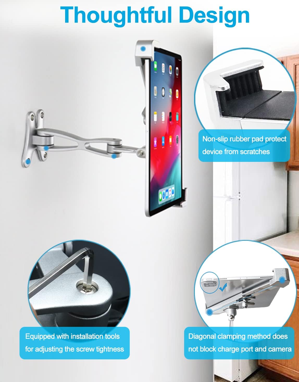 Soporte Tablet Pared Antirrobo, Soporte Tableta de Brazo Articulado Resistente con Candado de Seguridad, para iPad Pro Air Mini, Galaxy, Surface, Tabletas 7-11"