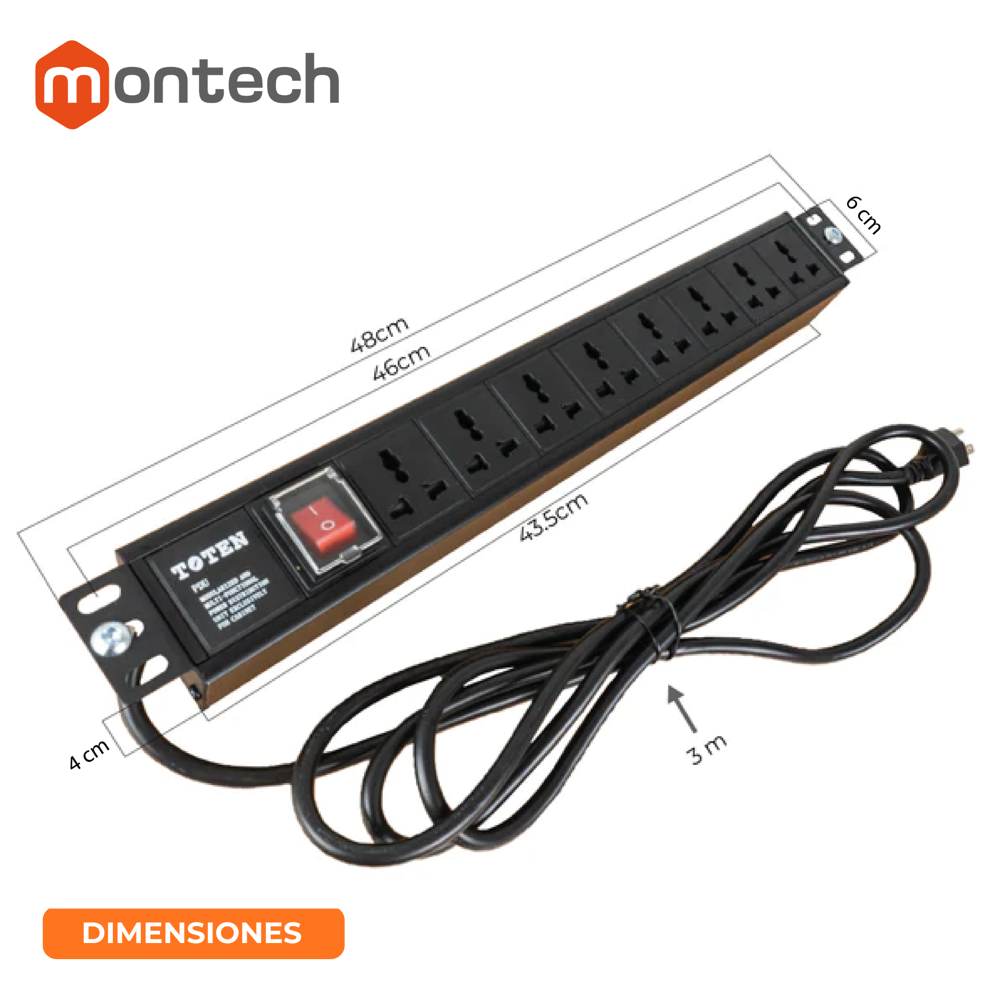 PDU Power Rack tomacorriente 8 tomas Nema 5-15R / Enchufe Nema 5-15P / Cable 3Mt x 16AWG