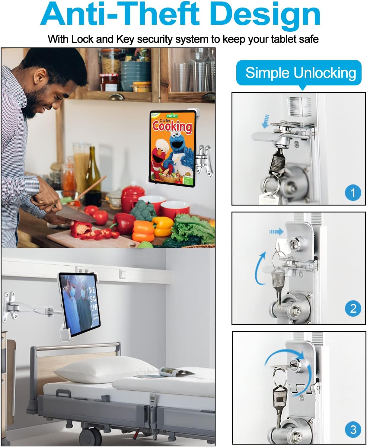 Soporte Tablet Pared Antirrobo, Soporte Tableta de Brazo Articulado Resistente con Candado de Seguridad, para iPad Pro Air Mini, Galaxy, Surface, Tabletas 7-11"