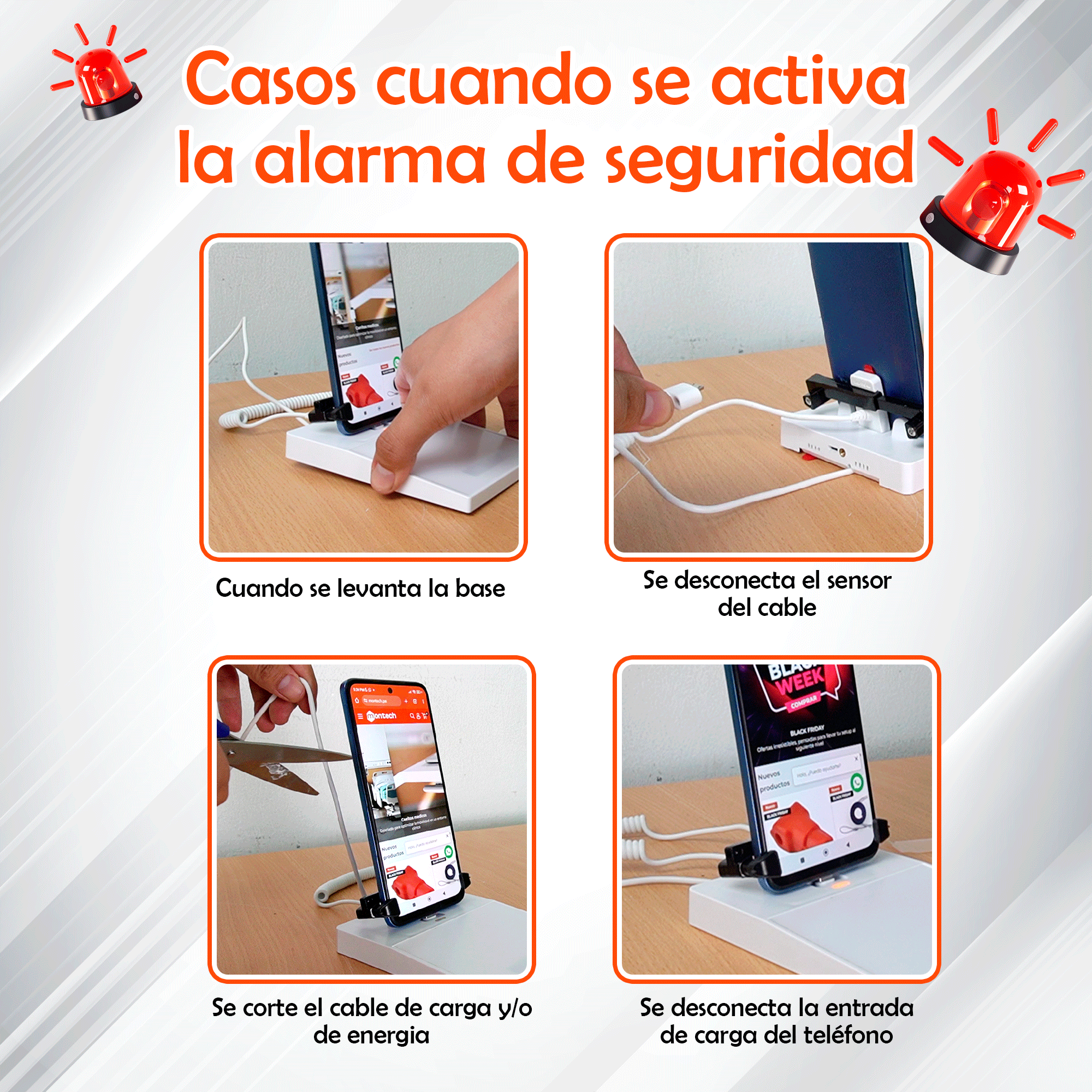 Soporte antirrobo con alarma para exhibición de celulares con etiqueta de precio