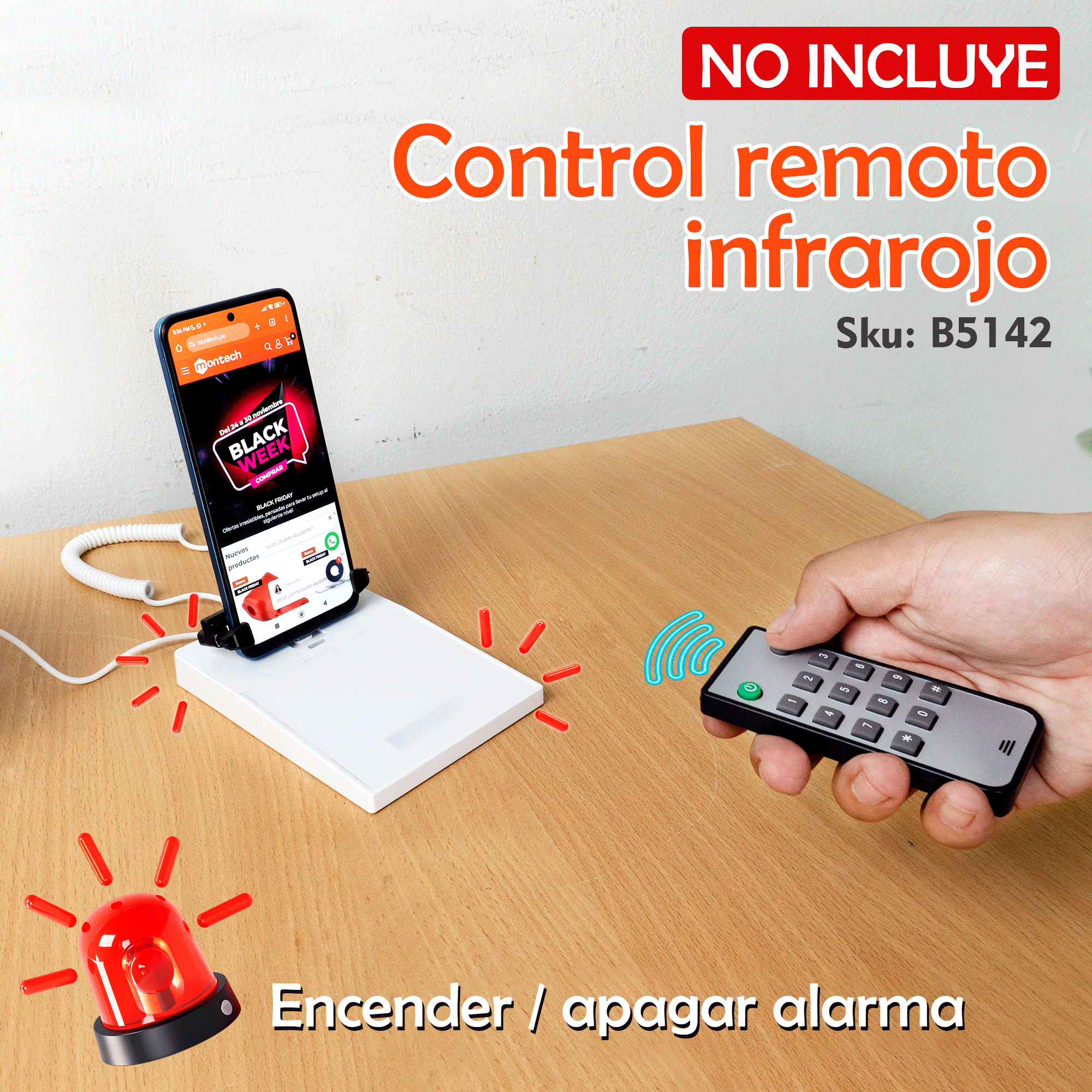 Soporte antirrobo con alarma para exhibición de celulares con etiqueta de precio