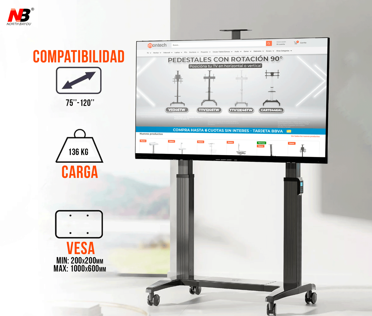 Pedestal de TV motorizado de alta resistencia de 75 a 120 Pulg, carro móvil con elevador automático, VESA 200x200-1000x600mm, Carga 136 kg,