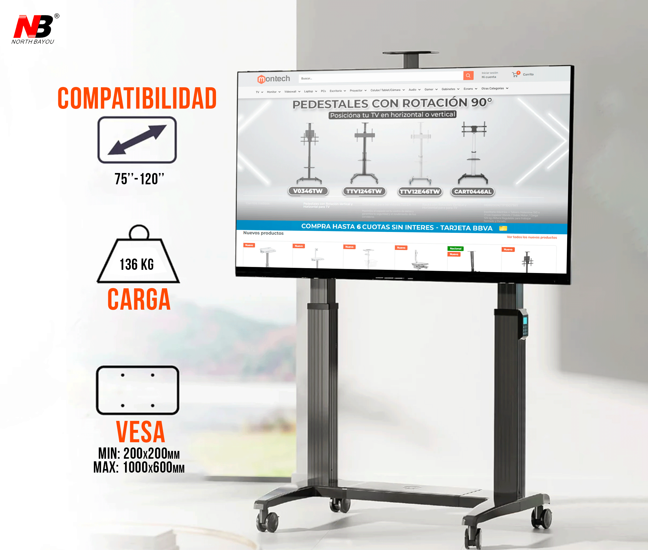 Pedestal de TV motorizado de alta resistencia de 75 a 120 Pulg, carro móvil con elevador automático, VESA 200x200-1000x600mm, Carga 136 kg,