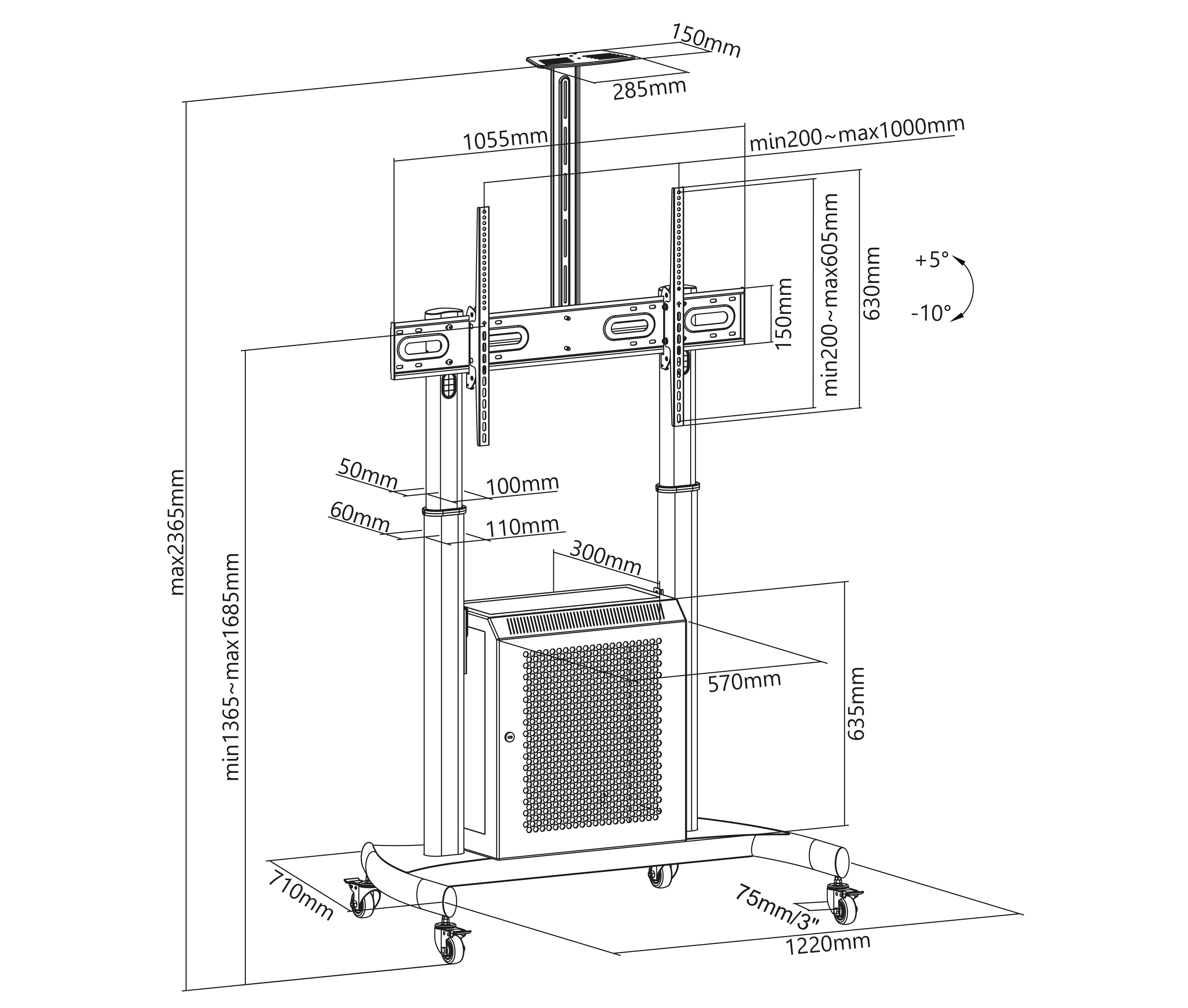 Pedestal con Ruedas y Gabinete para TV 60 a 100 Pulg / VESA Max 1000x600mm / Carga 100 kg