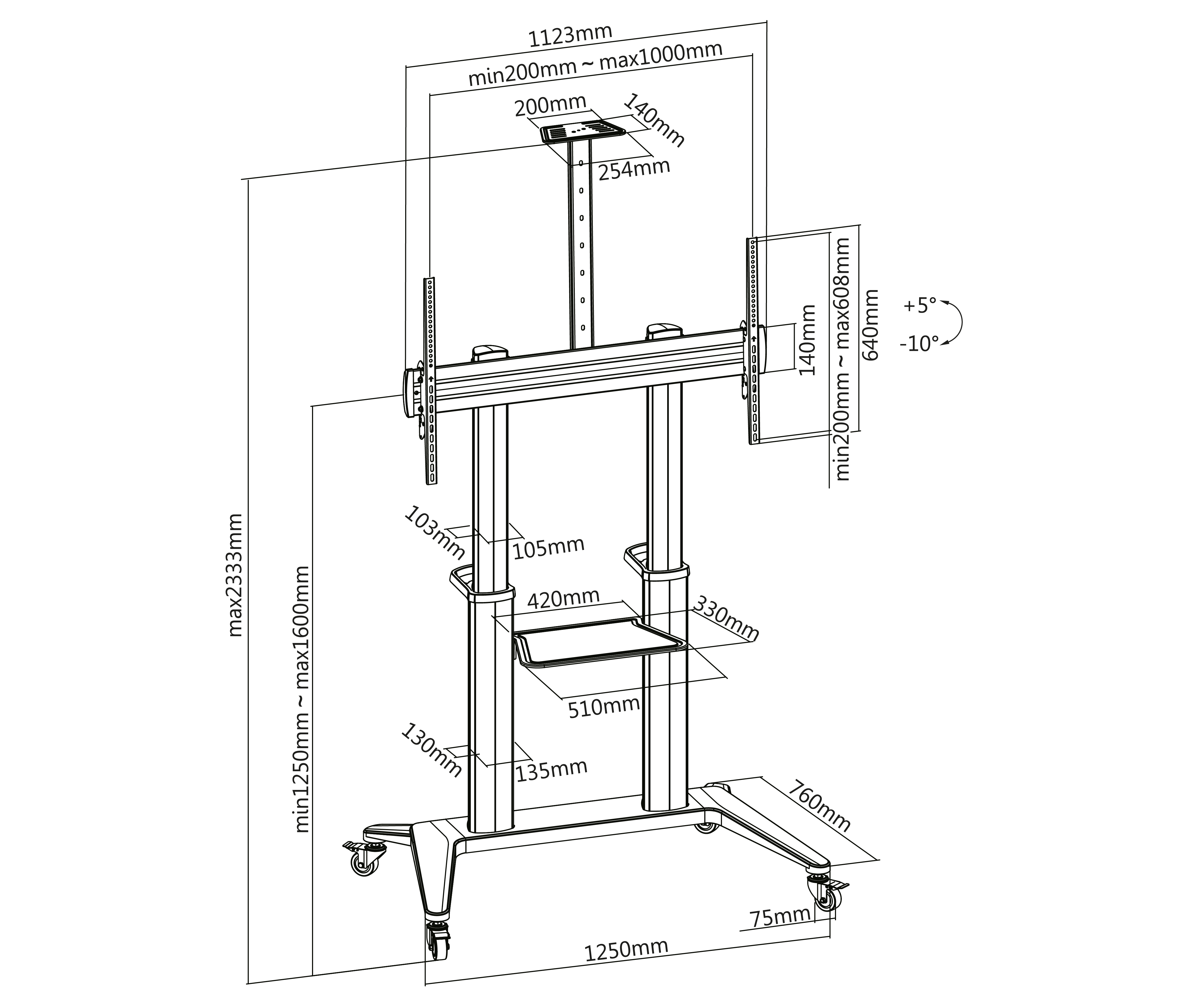 Pedestal con Ruedas para TV 70 a 120 Pulg / VESA Max 1000x600mm / Carga 140 kg