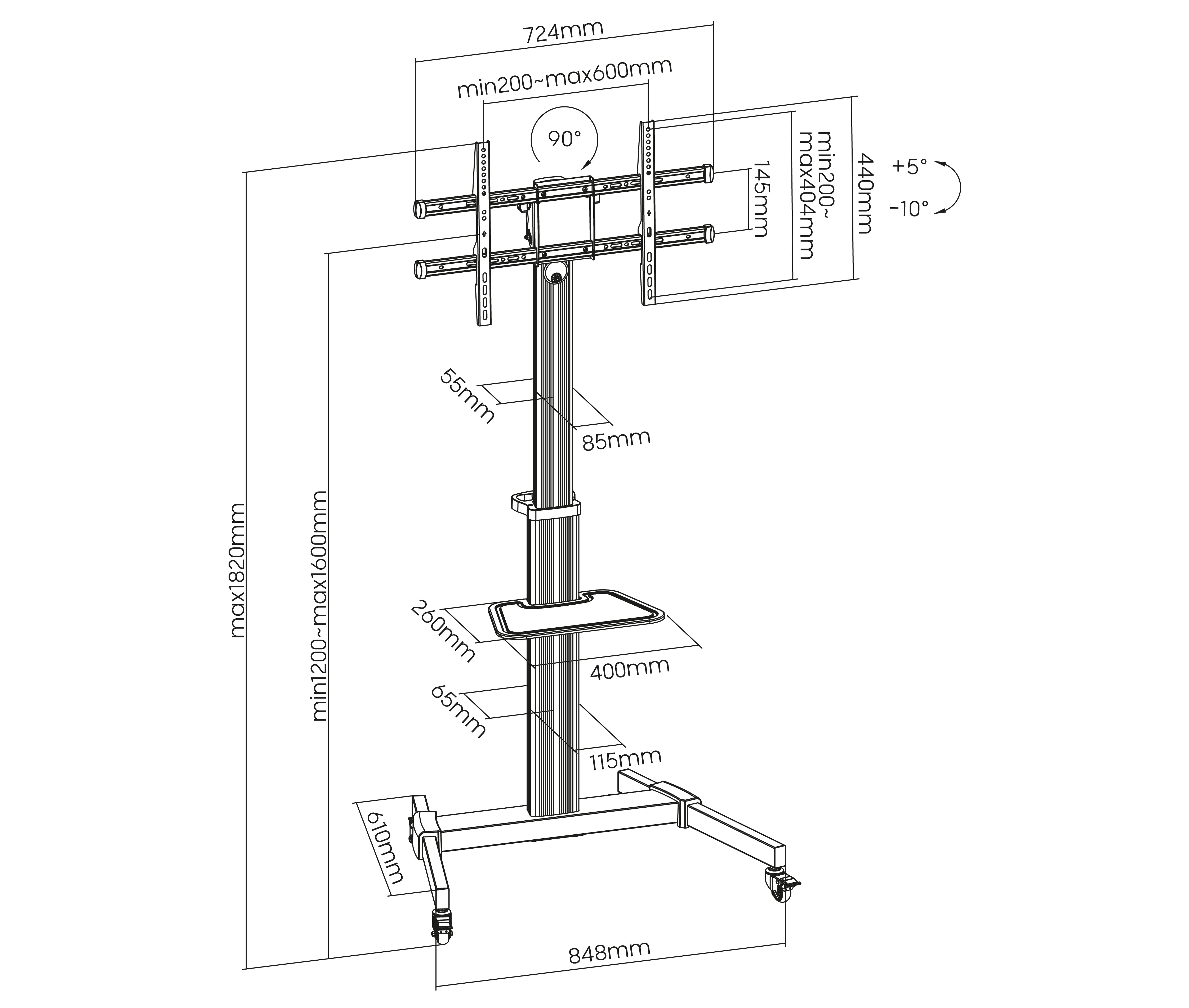 Pedestal con Rotación Vertical y Horizontal para TV 37-70 Pulg / Rotación 90° / VESA Max 600x400mm / Carga 50 kg