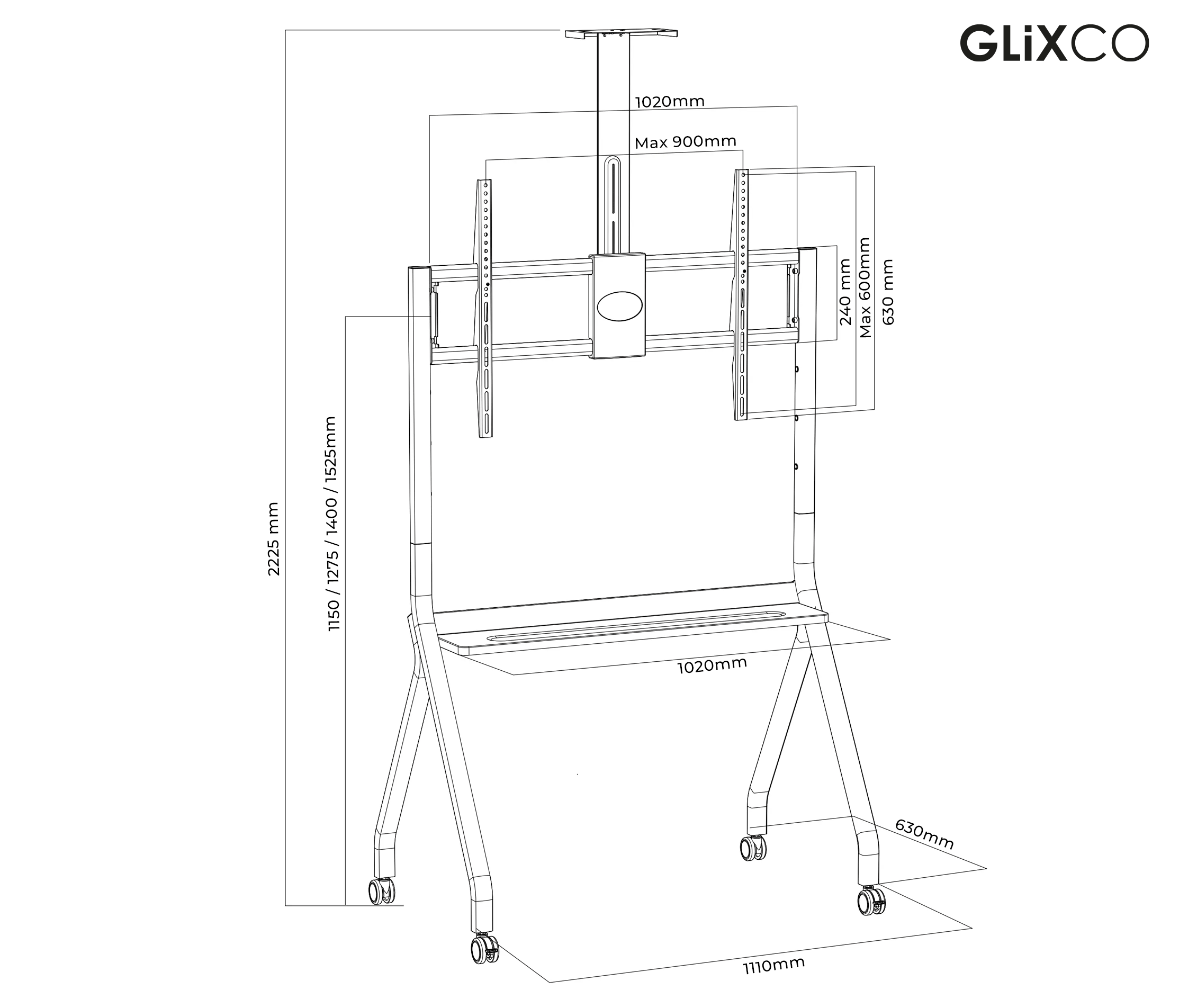 Rack Pedestal con Ruedas para TV 55 a 100 Pulg / VESA Max 900x600mm / Carga 120 kg