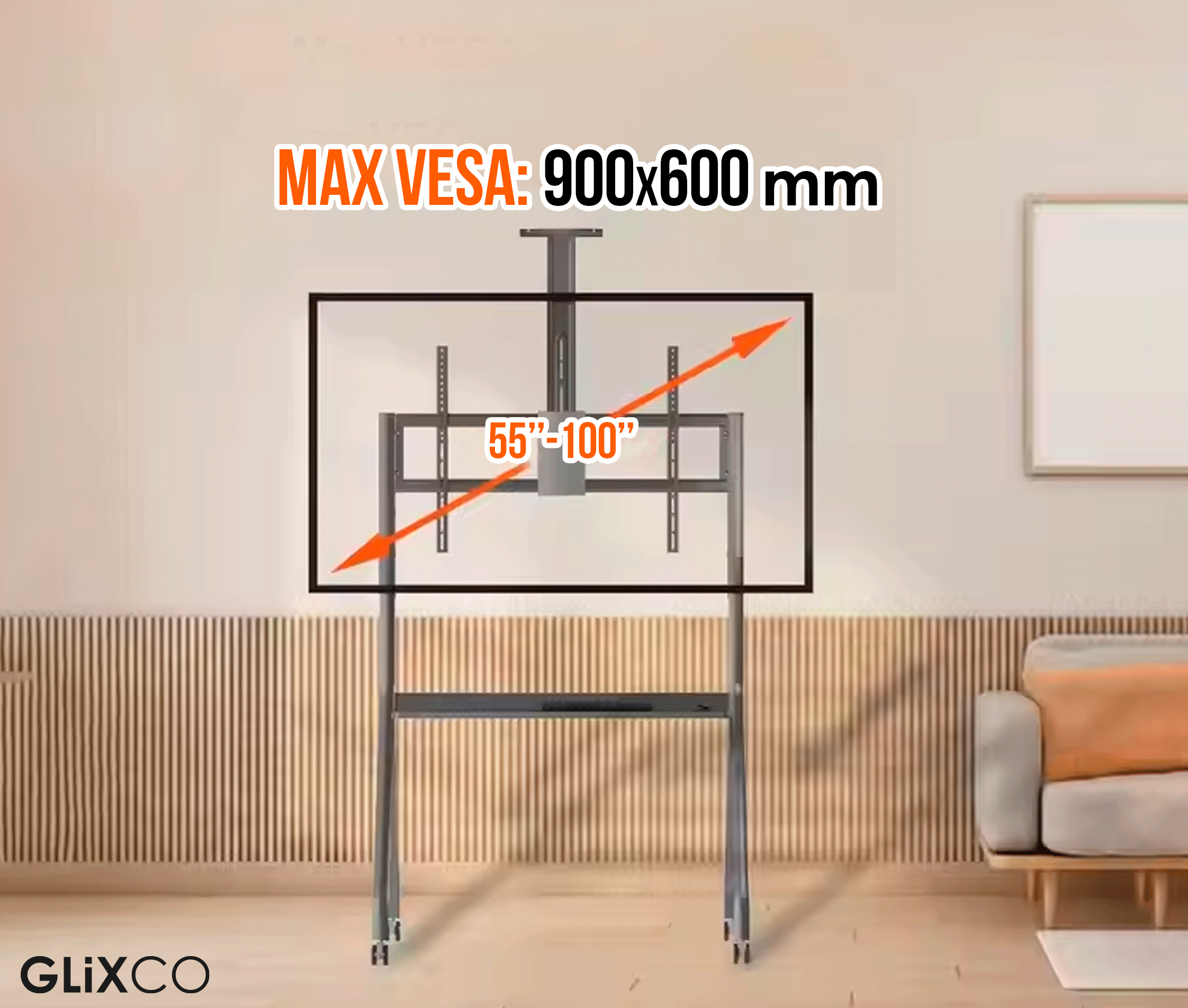 Rack Pedestal con Ruedas para TV 55 a 100 Pulg / VESA Max 900x600mm / Carga 120 kg
