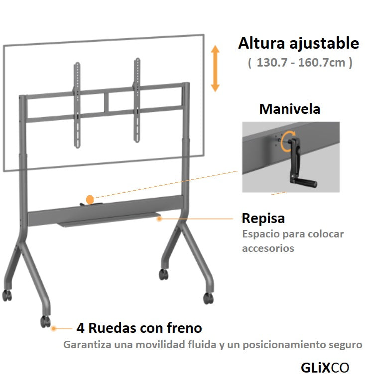 Rack Pedestal con Manivela TV 60 a 110 PULG / Vesa Max 1200X600MM / Carga 120 KG - GRIS
