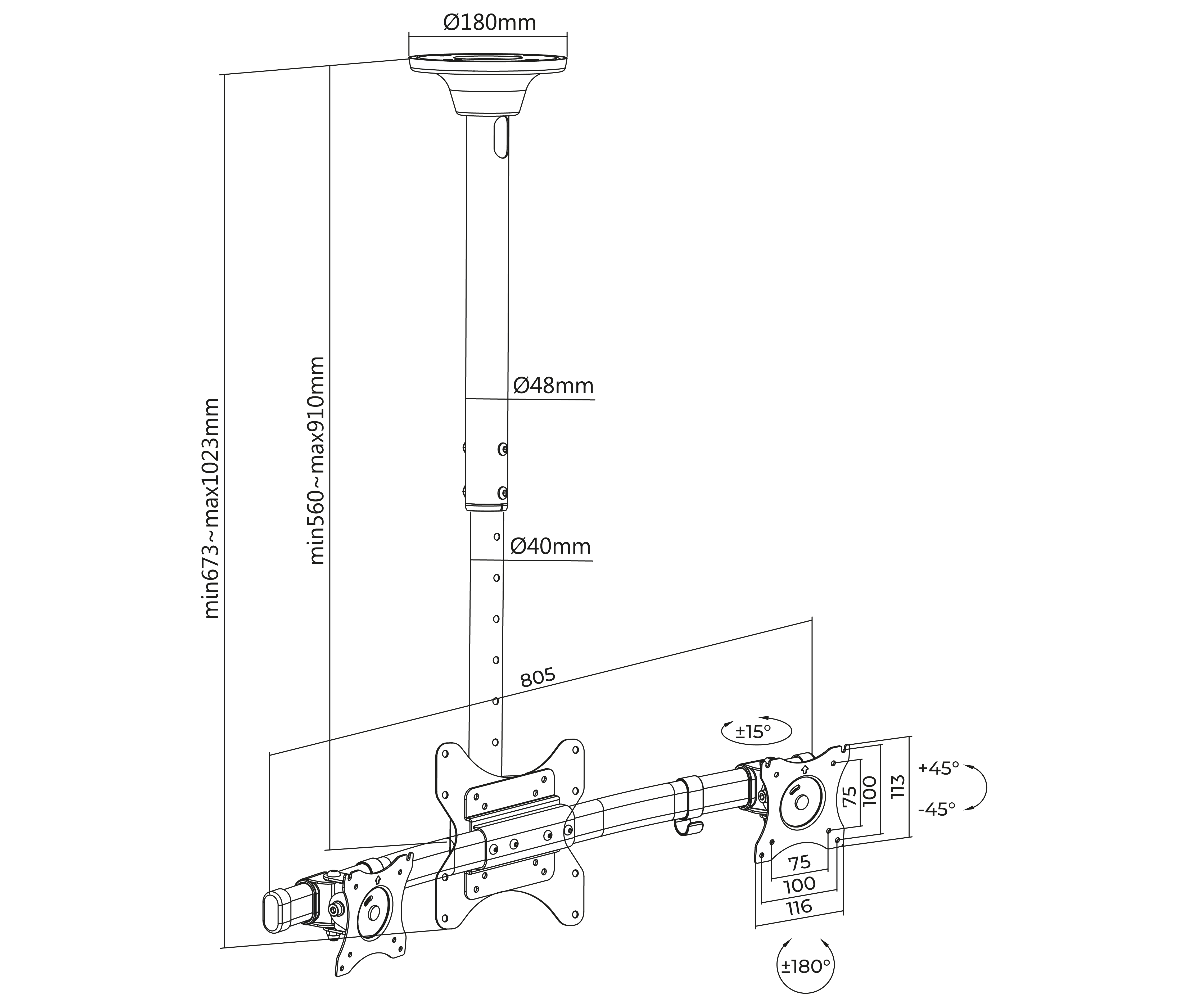 Rack Techo para 2 Monitores 13 a 27 Pulg / Alt Regulable 56 a 91 cm / VESA Max 100x100mm / Carga 10 kg