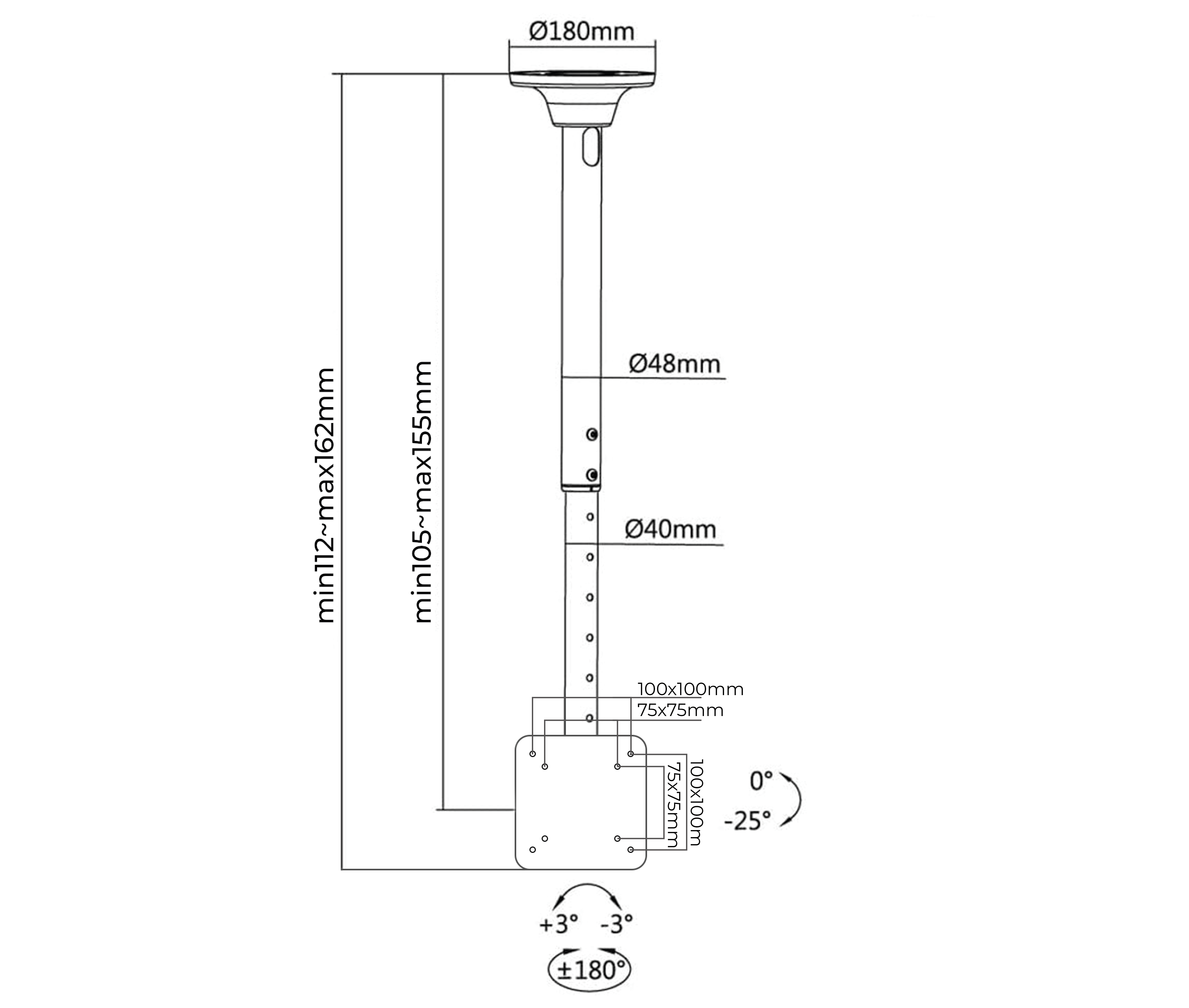 Rack Techo TV Monitor 23 a 34 Pulg / Alt Regulable 106 a 156cm / VESA Max 10x10cm / Carga 50 kg