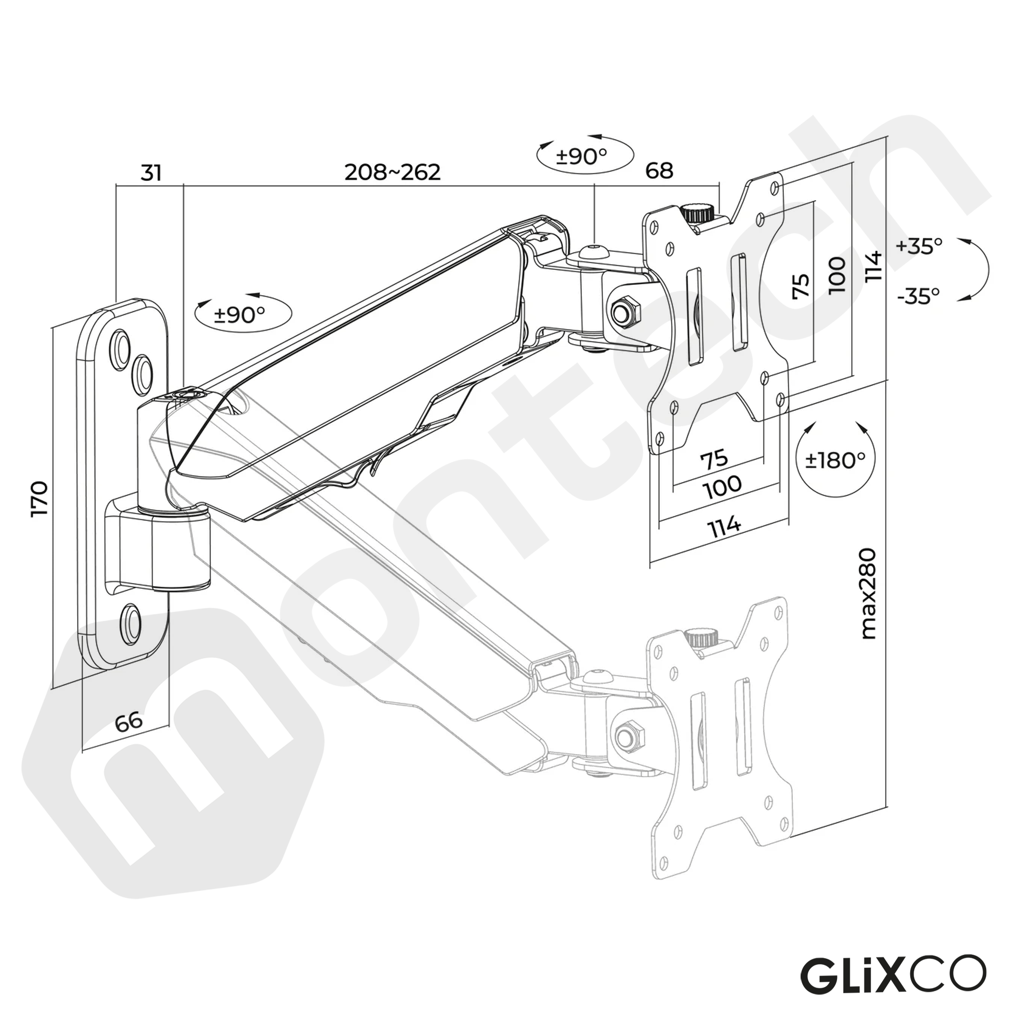 Rack Soporte con Gas Spring de Pared para Monitor 17 a 32 con bandeja para teclado
