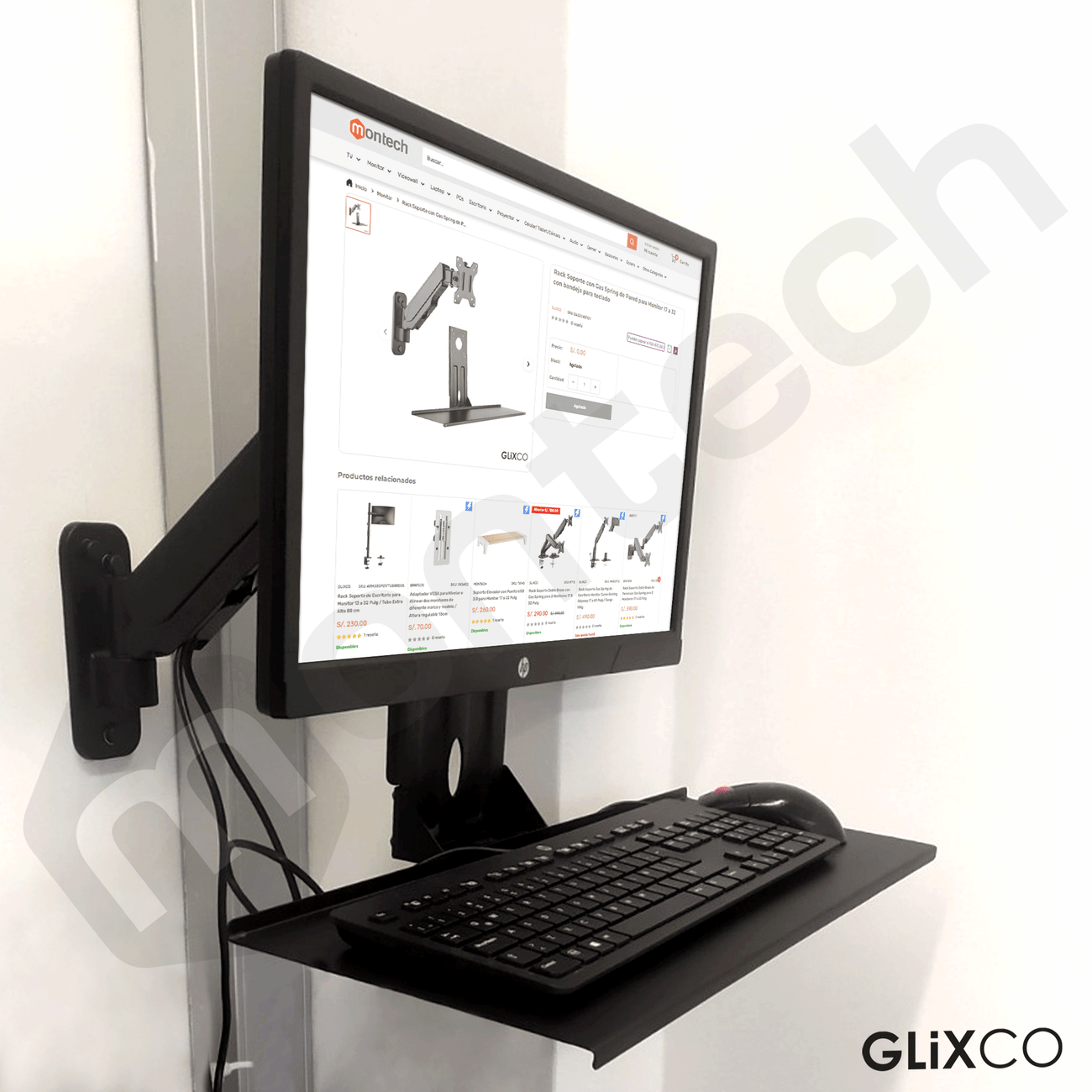 Rack Soporte con Gas Spring de Pared para Monitor 17 a 32 con bandeja para teclado