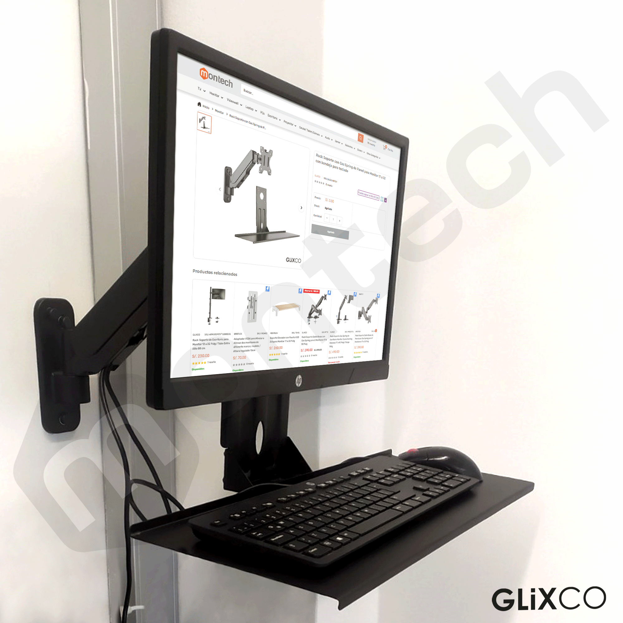 Rack Soporte con Gas Spring de Pared para Monitor 17 a 32 con bandeja para teclado