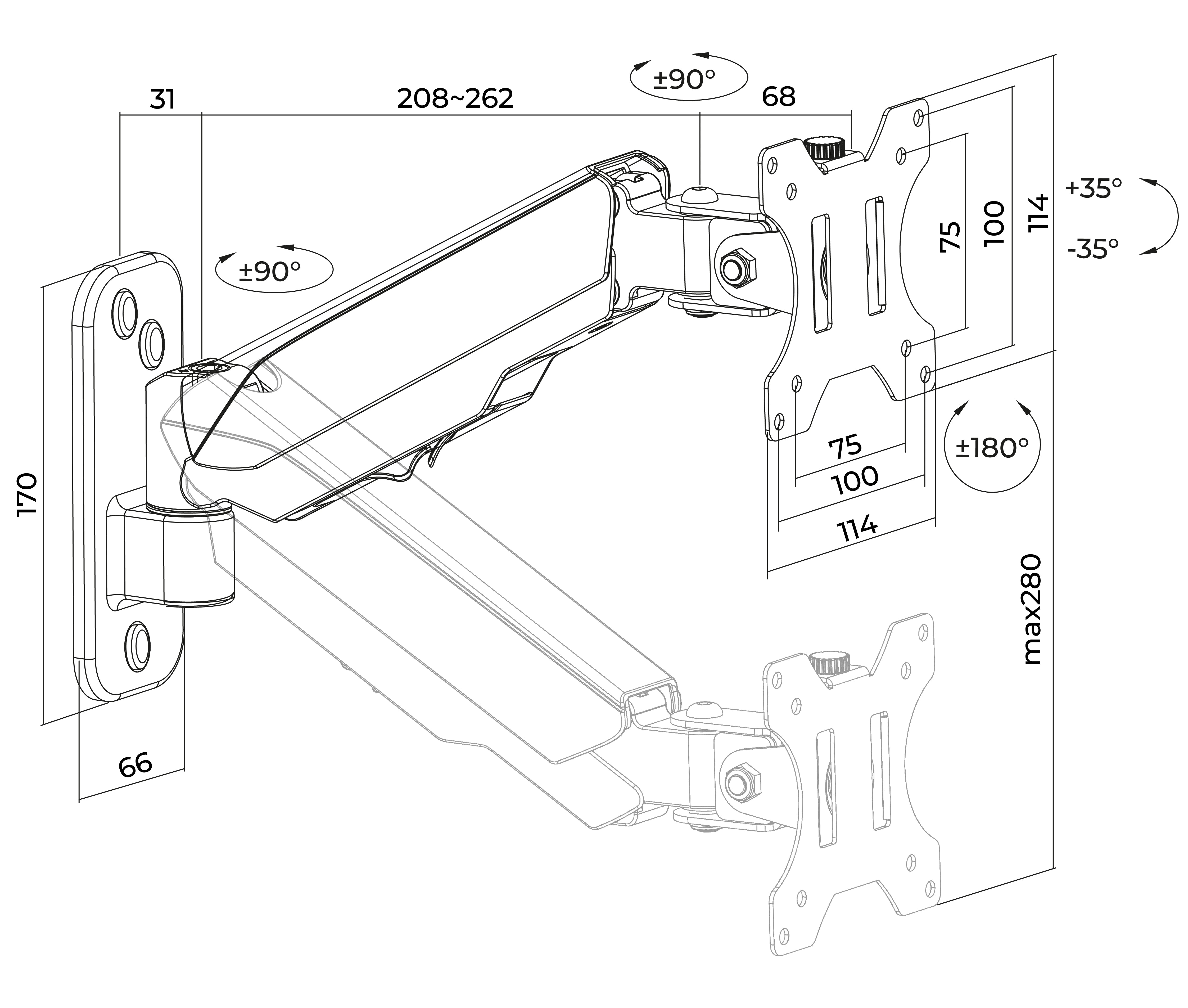 Rack Soporte con Gas Spring de Pared para Monitor 17 a 32 pulg