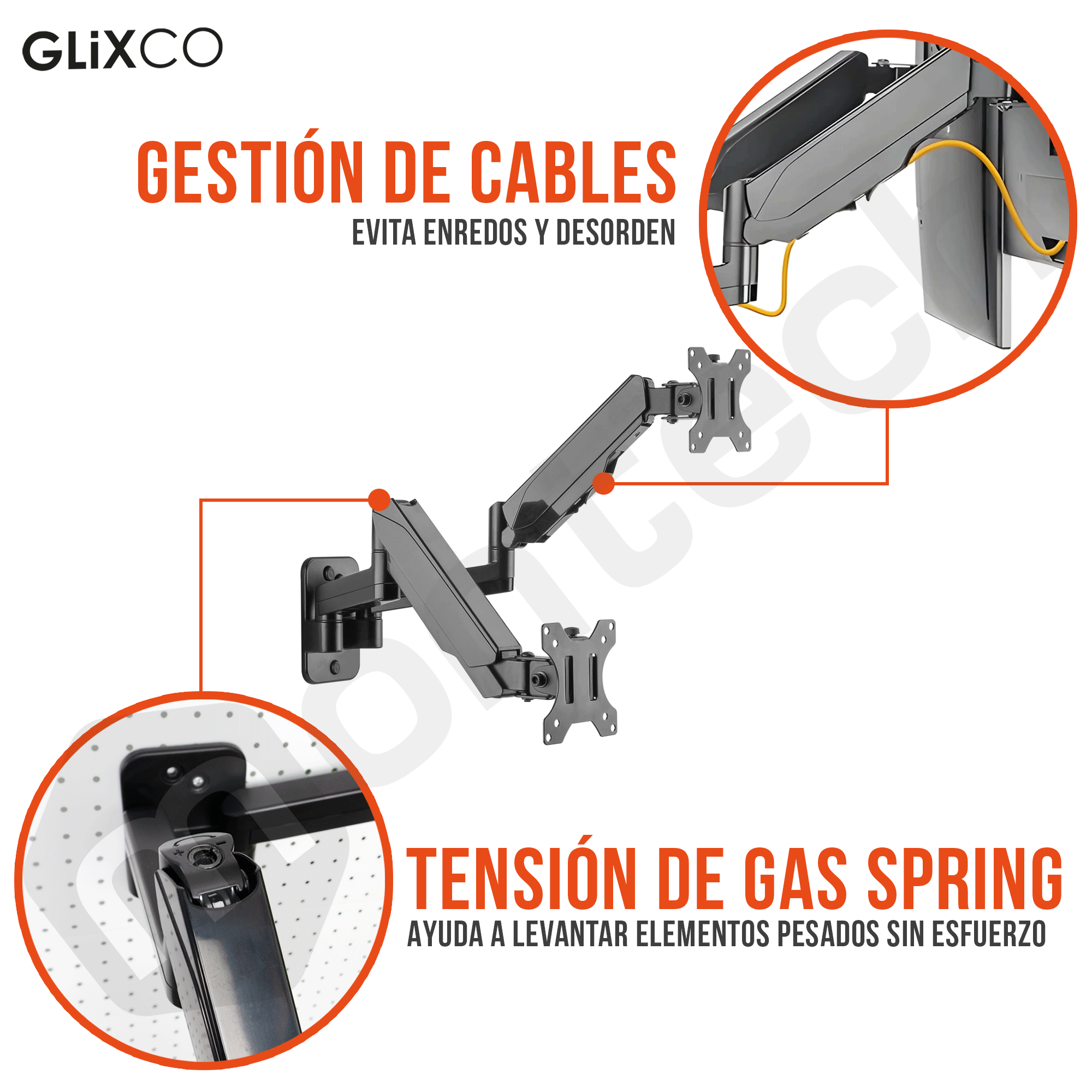 Rack Soporte Doble Brazo de Pared con Gas Spring para 2 Monitores 17 a 32 Pulg