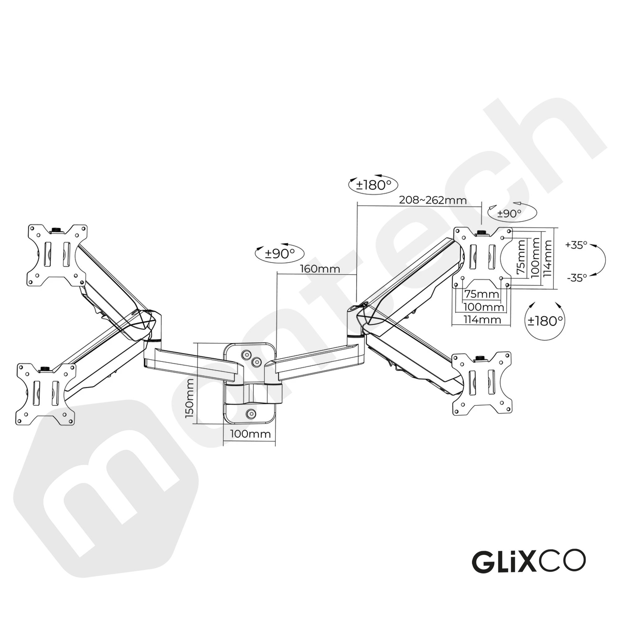 Rack Soporte Doble Brazo de Pared con Gas Spring para 2 Monitores 17 a 32 Pulg