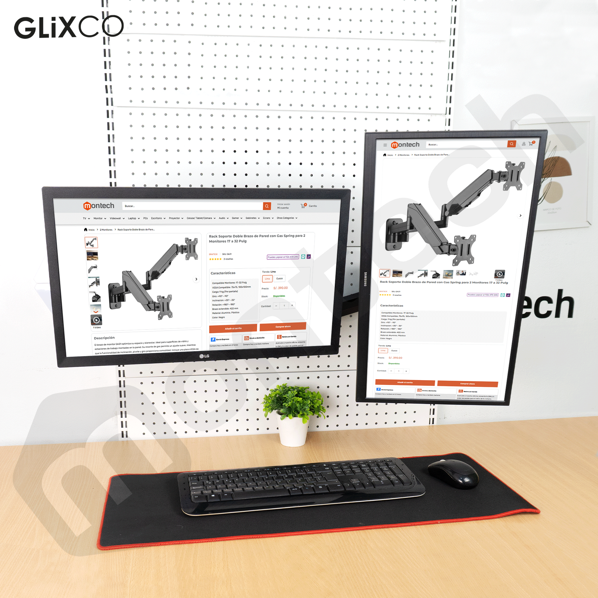 Rack Soporte Doble Brazo de Pared con Gas Spring para 2 Monitores 17 a 32 Pulg