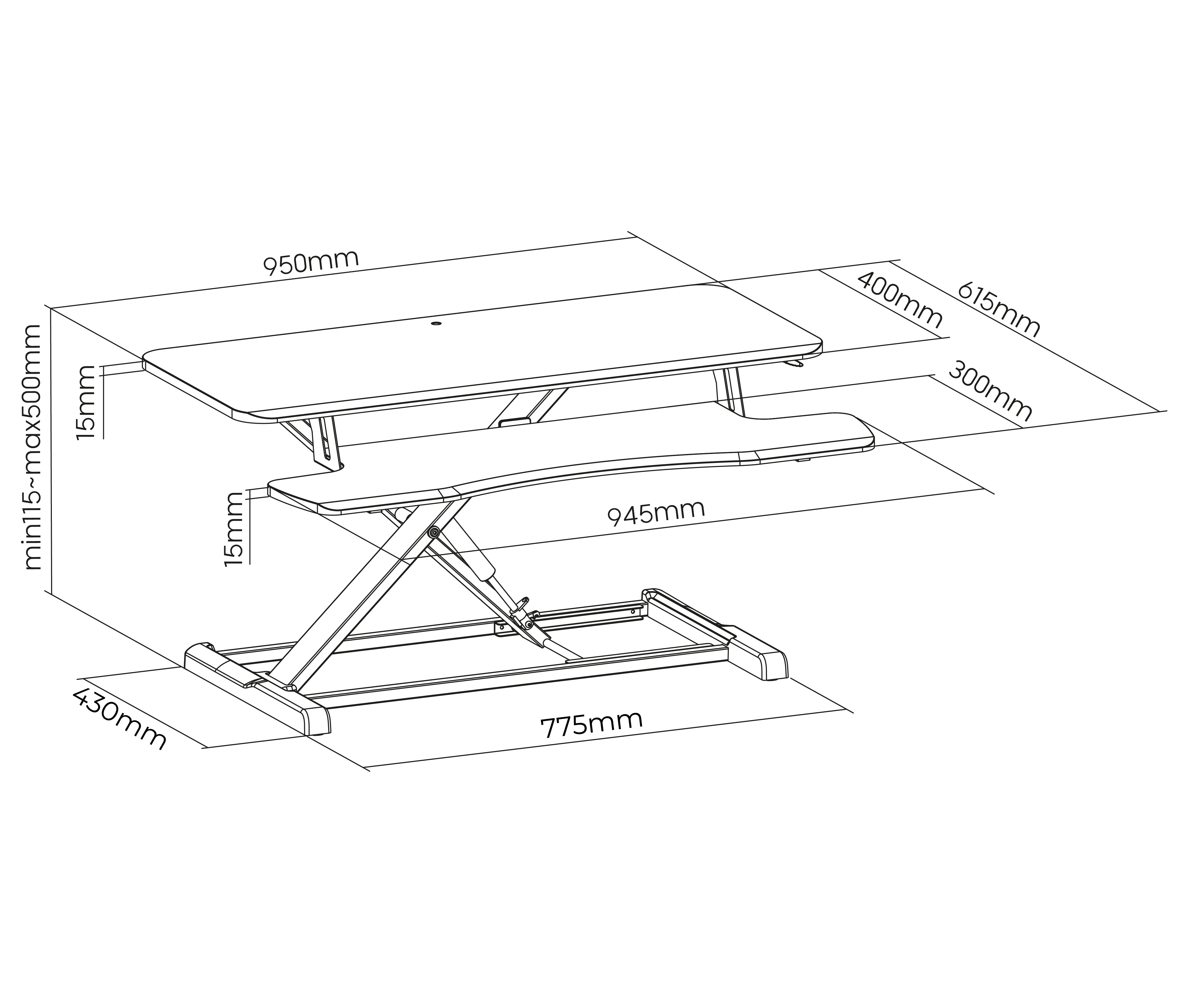 Escritorio Sobremesa 95x40 cm con Altura Regulable 11.5 a 50 cm para trabajar Sentado o Parado