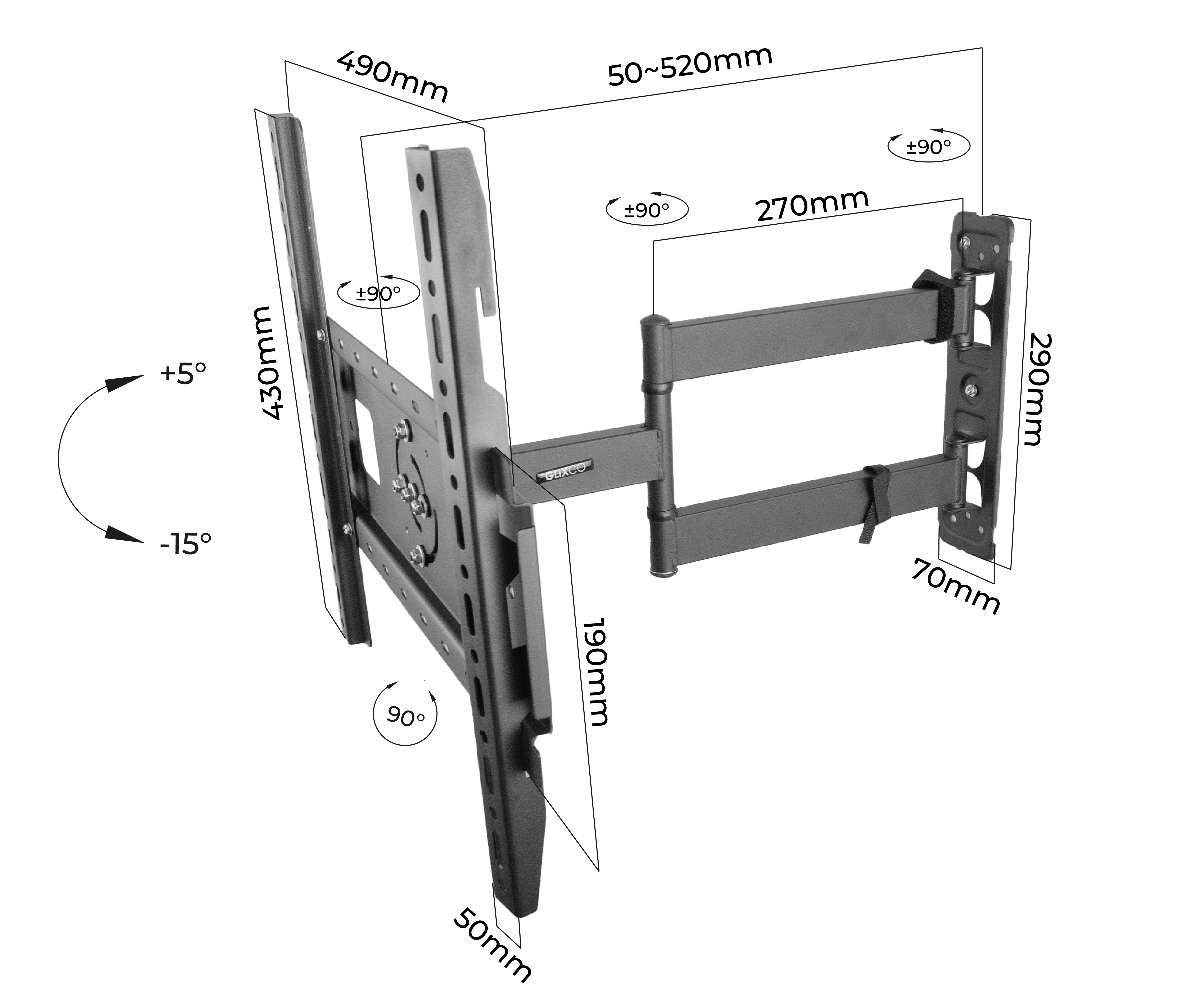 Rack Giratorio con Rotacion Vertical y Horizontal para TV 32 a 60 Pulg / VESA Max 400x400mm / Rotación 90° / Carga 32 kg / Brazo extendido 52 cm