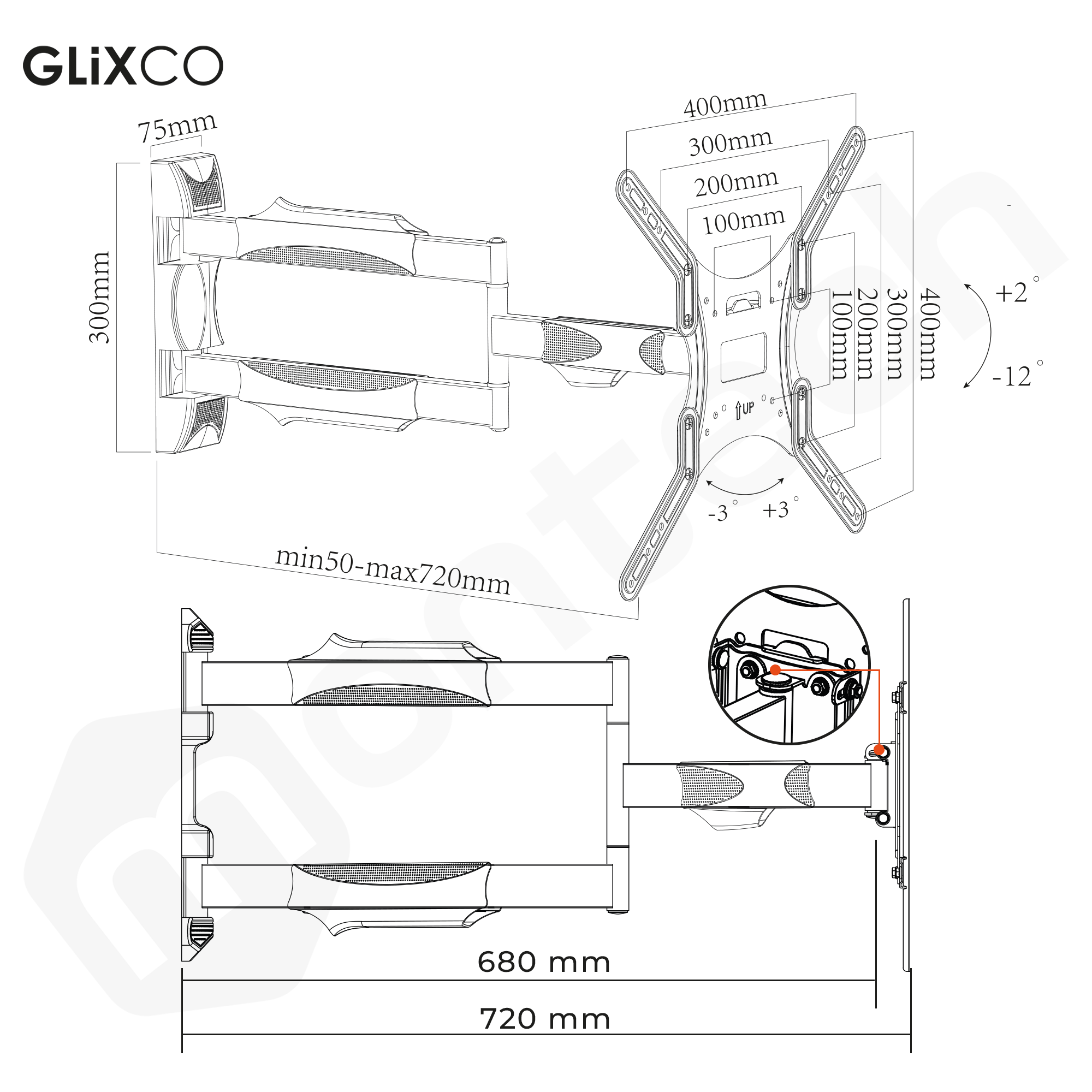Rack Giratorio TV 32 a 65 Pulg / VESA max 400x400mm / Carga 50 kg / Brazo extendido 72 cm
