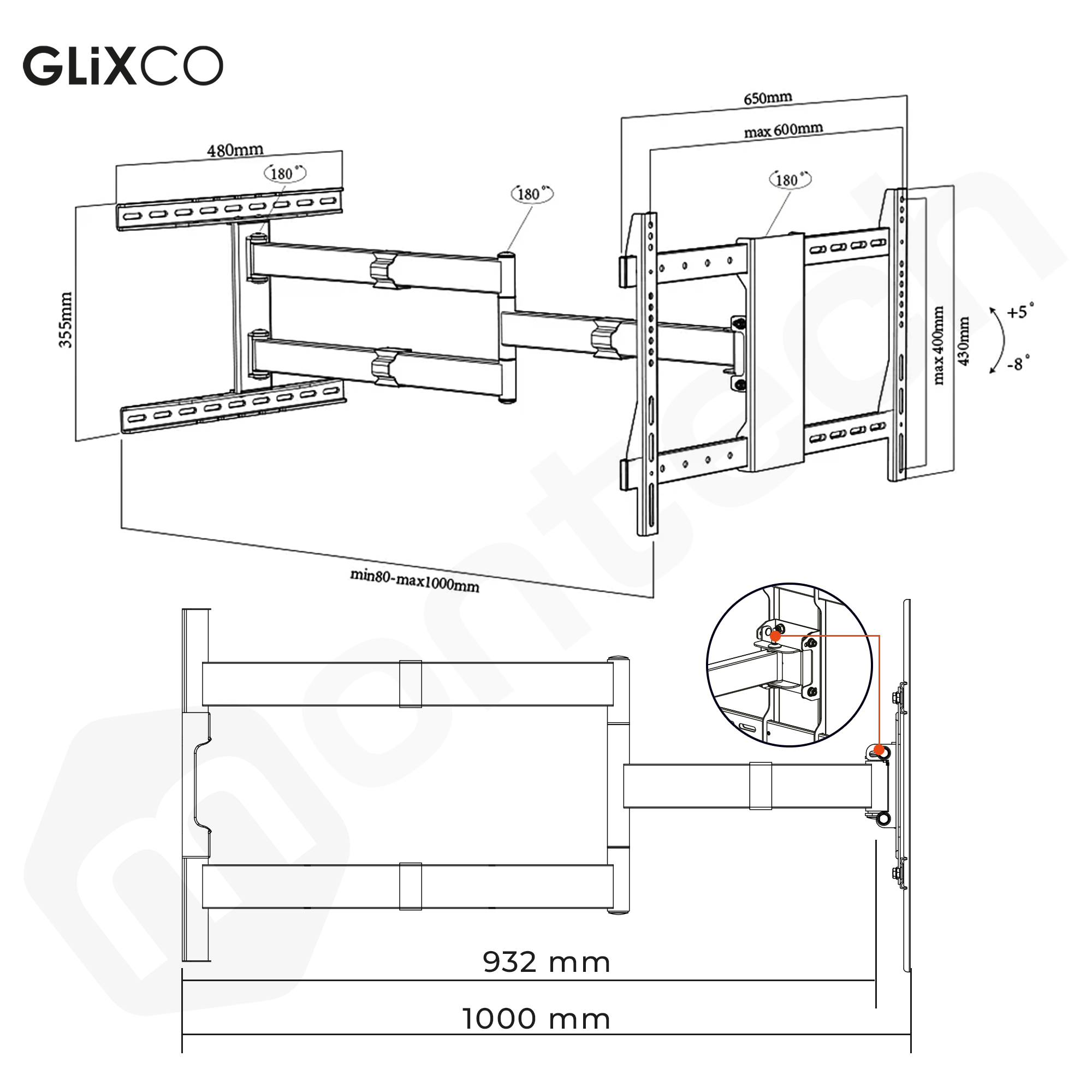 Rack Giratorio TV 32 a 75 Pulg / VESA Max 60x40cm / Carga 45 kg / Brazo extendido 100 cm