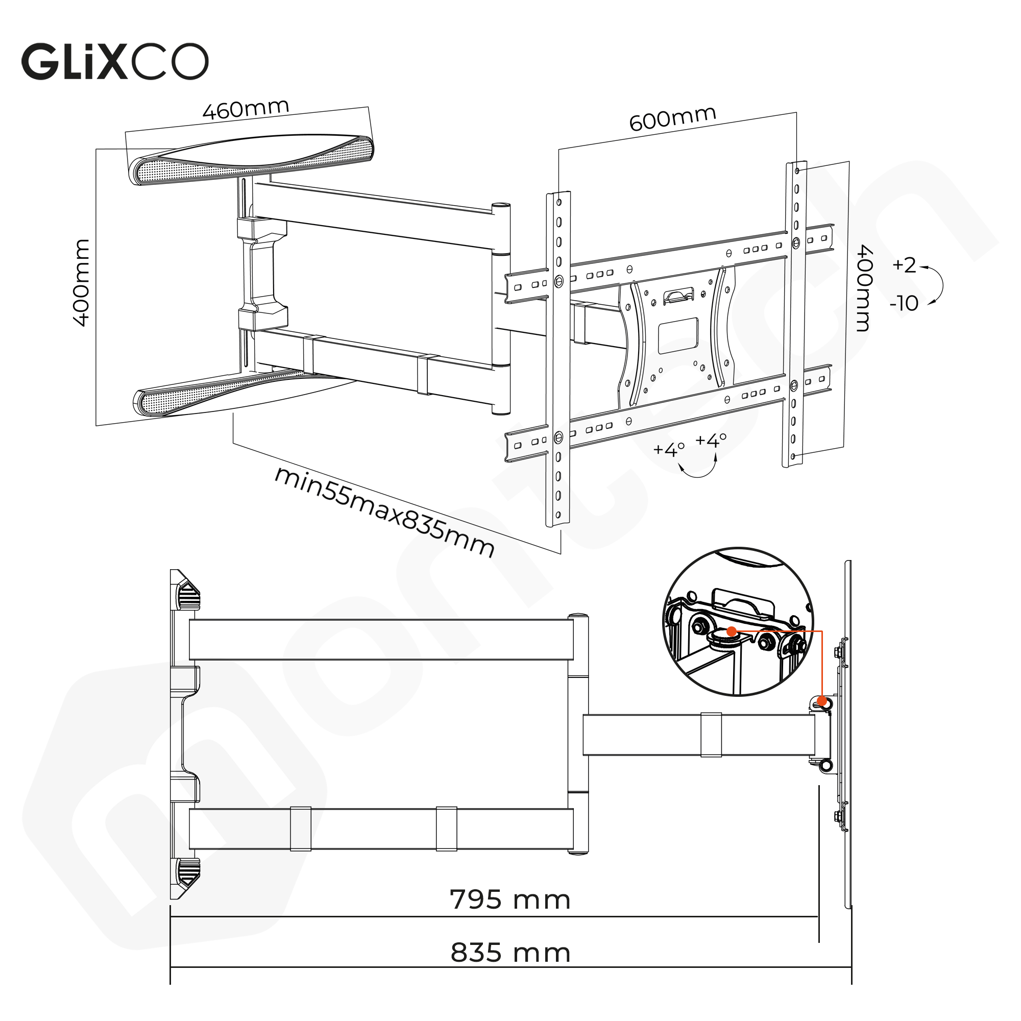 Rack Giratorio TV 30 a 70 Pulg / VESA Max 600x400mm / Carga 45 kg / Brazo extendido 83cm