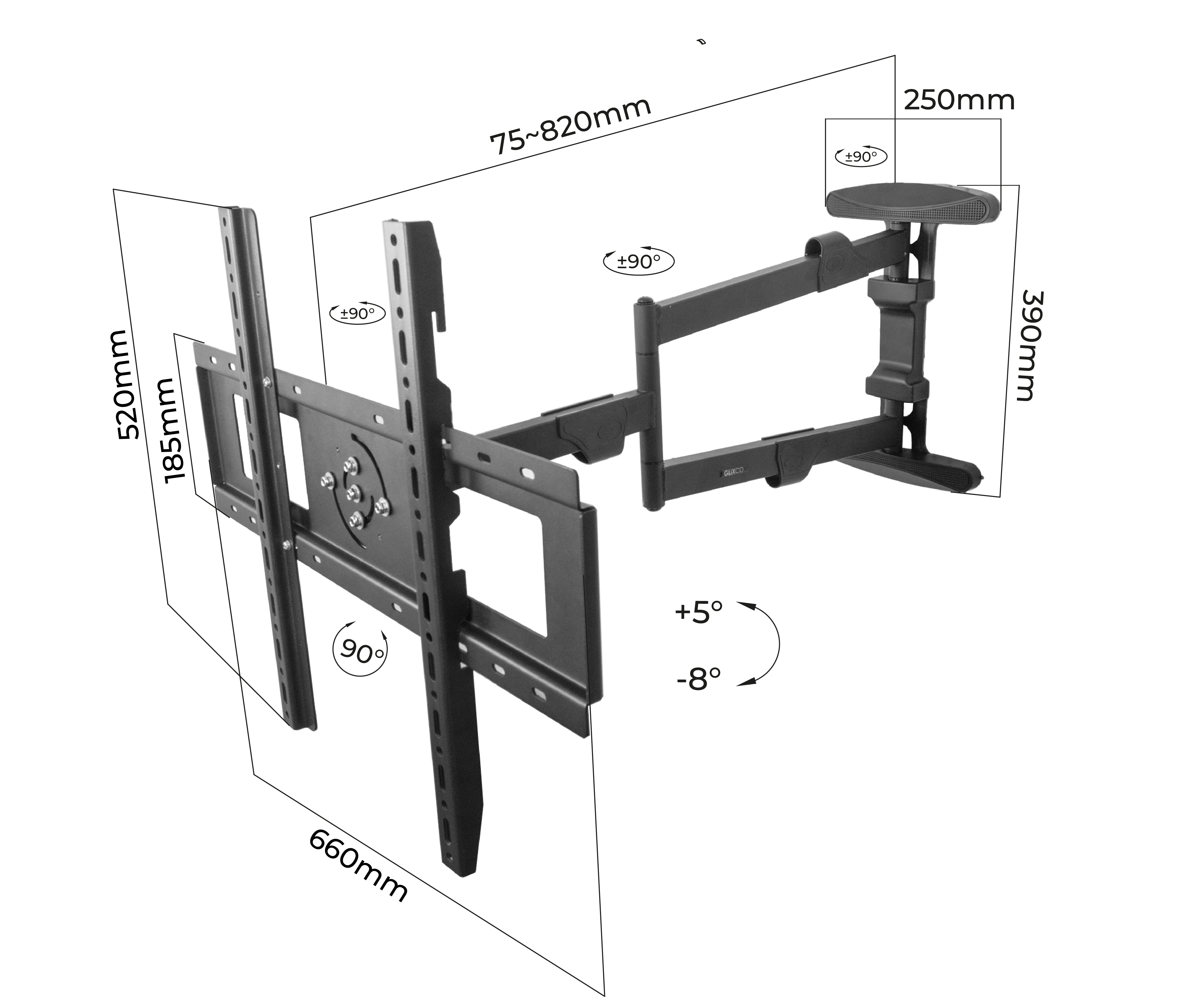 Rack Giratorio con Rotación Vertical y Horizontal para TV 40 a 80 Pulg / VESA Max 600x400mm / Rotación 90° / Carga 50 kg / Brazo extendido 82 cm