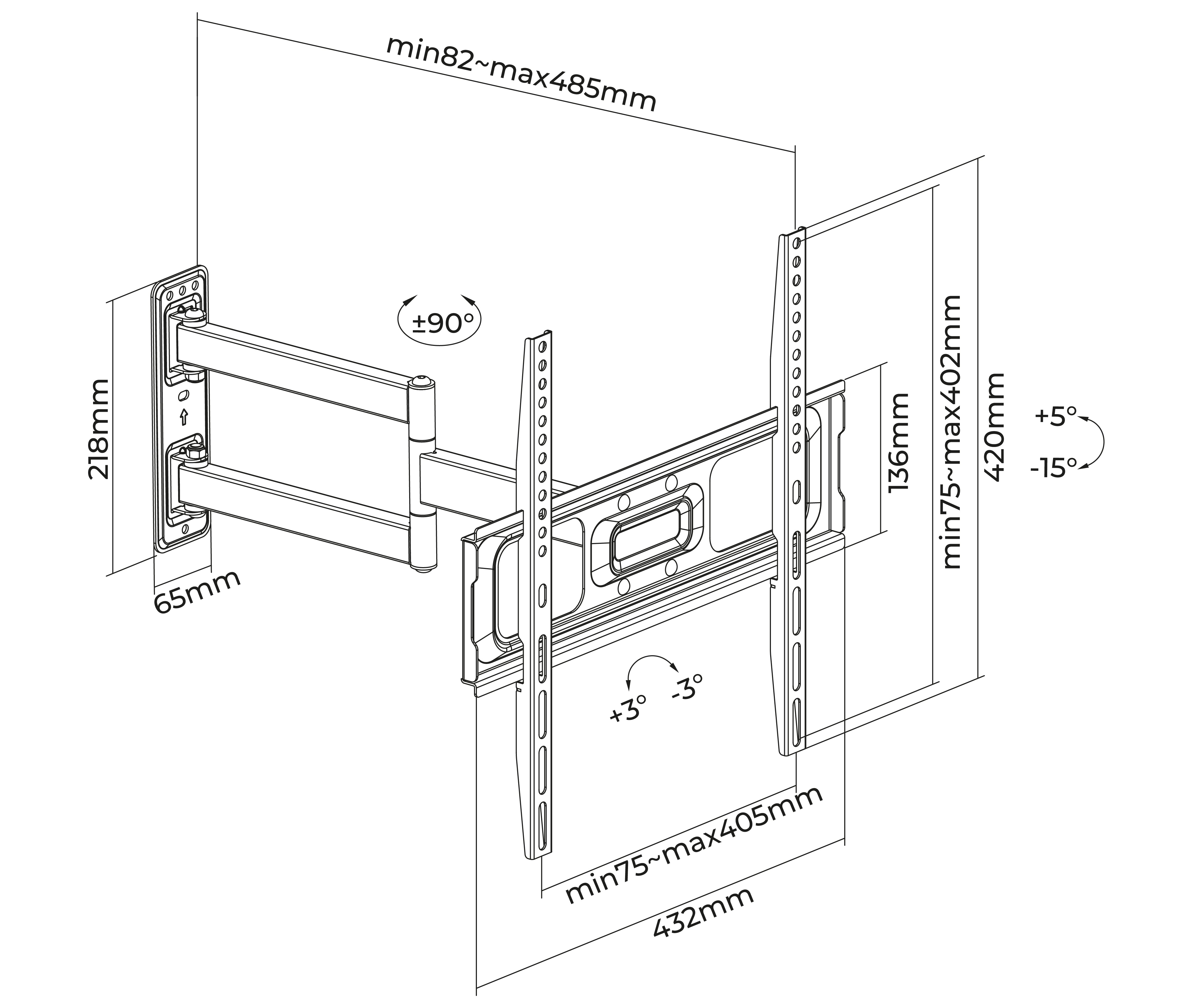Rack Giratorio TV 32 a 55 Pulg / VESA Max 400x400mm / Carga 35 kg / Brazo extendido 8.2 a 48.5 cm