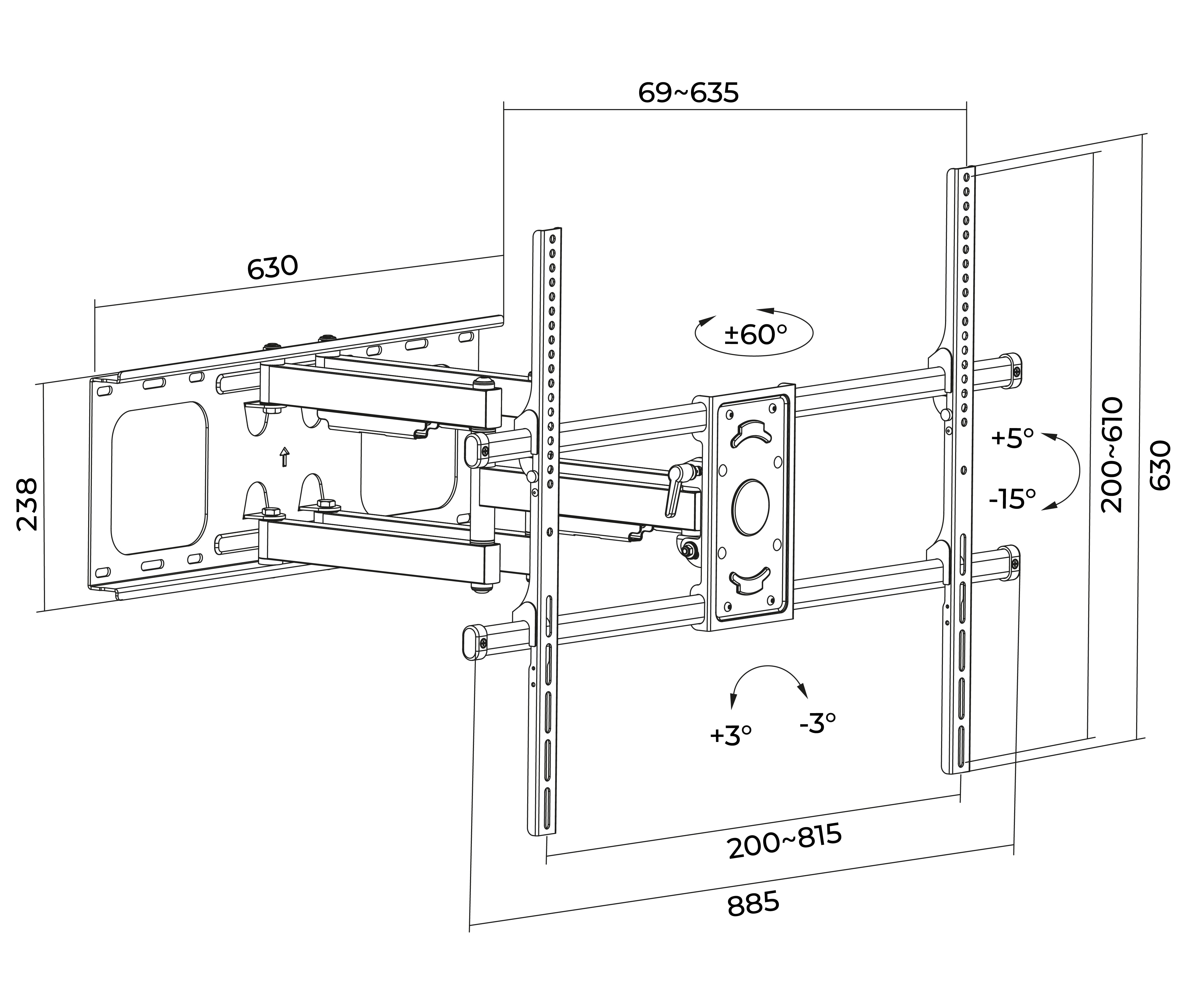 Rack Giratorio con Doble Brazo Articulado para TV 50 a 90 Pulg / VESA Max 800x600mm / Carga 75 kg / Brazo extendido 63.5 cm