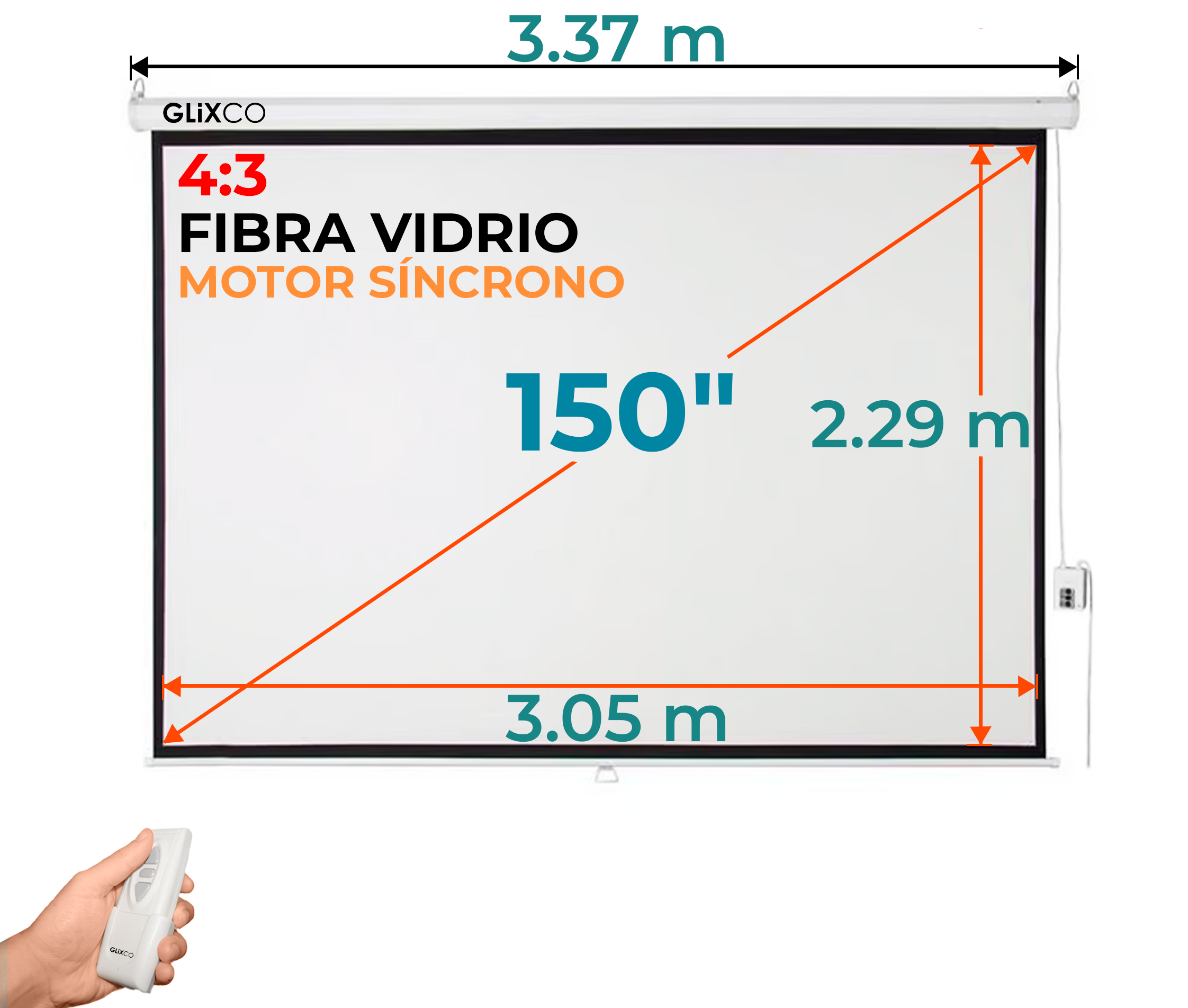 Ecran Eléctrico 150 Pulg (4:3) 3.05x2.29 m / Fibra de Vidrio / Motor Síncrono