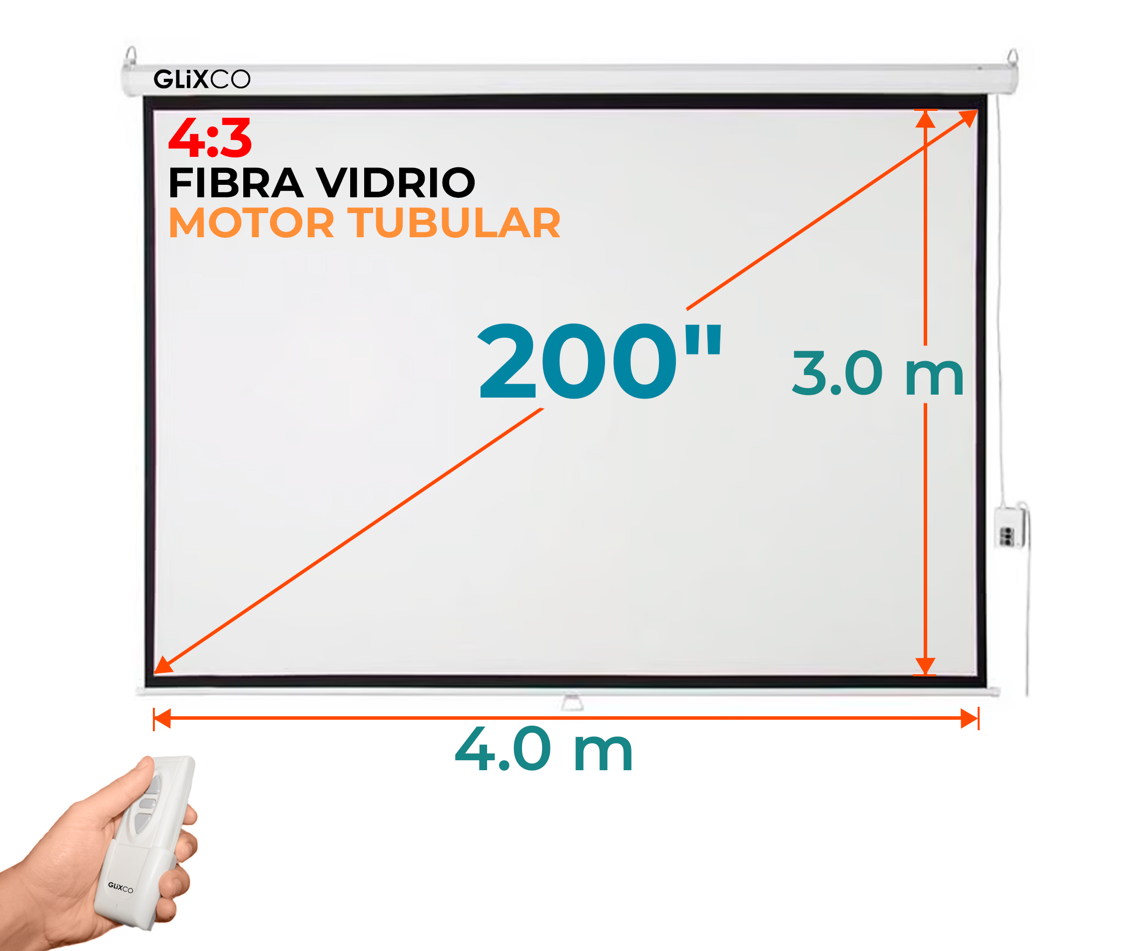 Ecran Eléctrico 200 Pulg (4:3) 4.0x3.0 m / Fibra de Vidrio / Motor Tubular