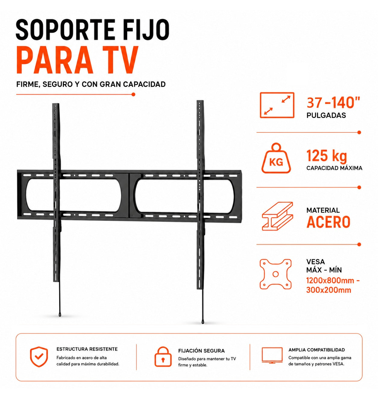 Rack Fijo para TV 37 a 140 Pulg / VESA Max 1200x800 / Carga 125 kg