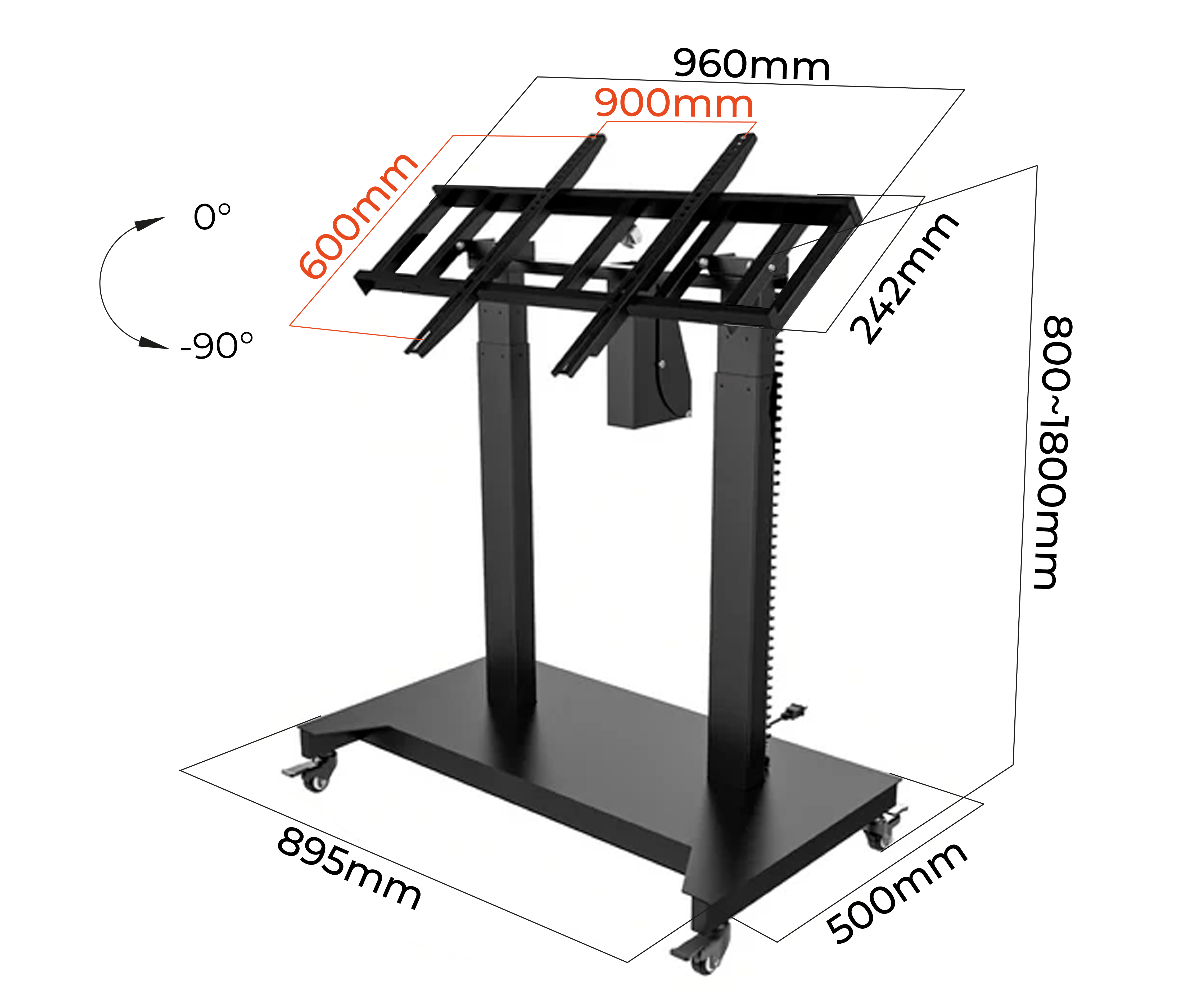Pedestal Eléctrico Motorizado con Ruedas para TV Pantalla Interactiva 52 a 84 Pulg / VESA Max 900x600mm / Carga 100 kg
