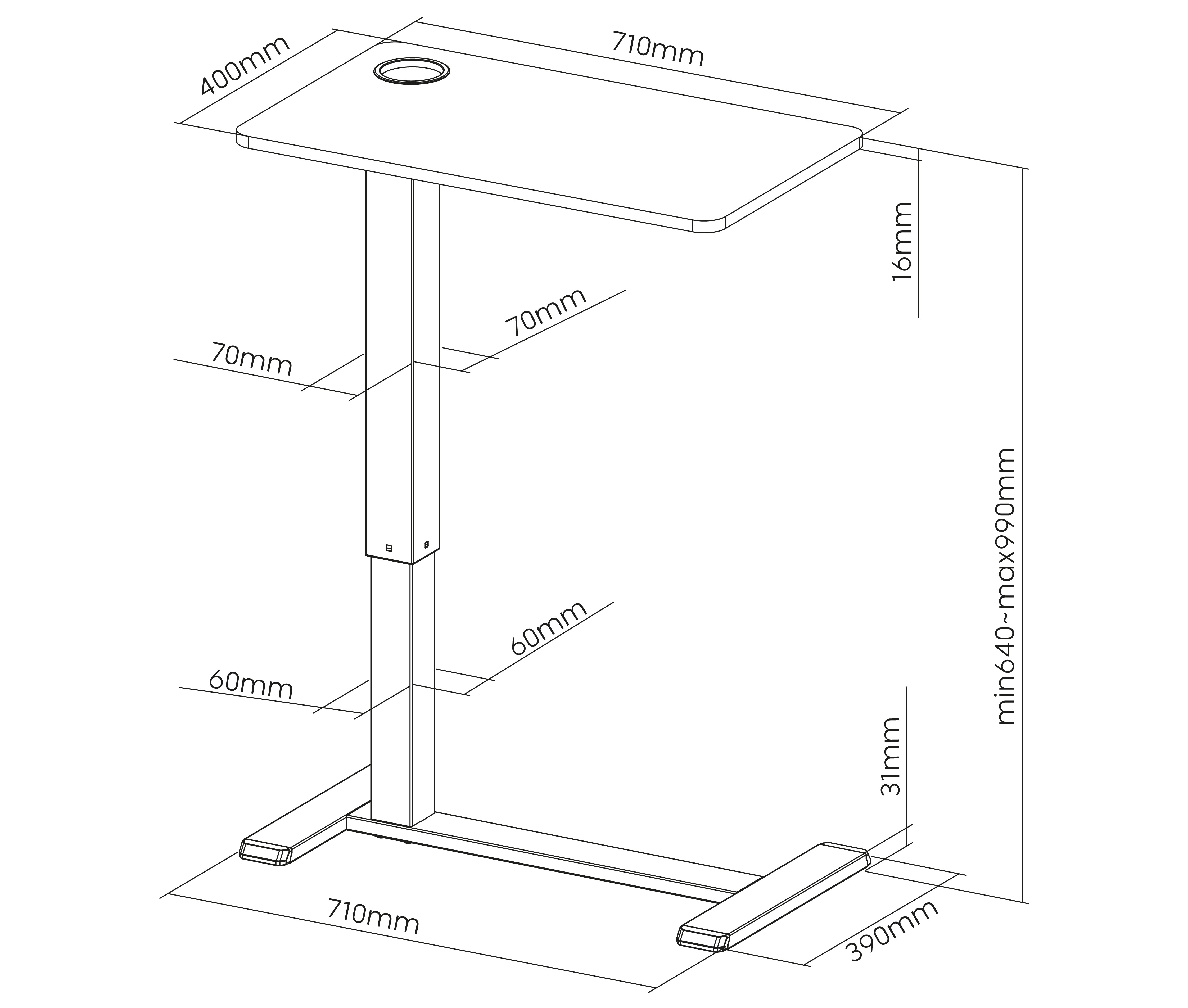 Mesa Auxiliar con Ruedas Ocultas / Escritorio movil para Laptop /Altura Pata 31mm / Tablero Melamina 71 x 40cm / Altura regulable 64 a 99cm / Uso en Cama , Sofa u Hospital