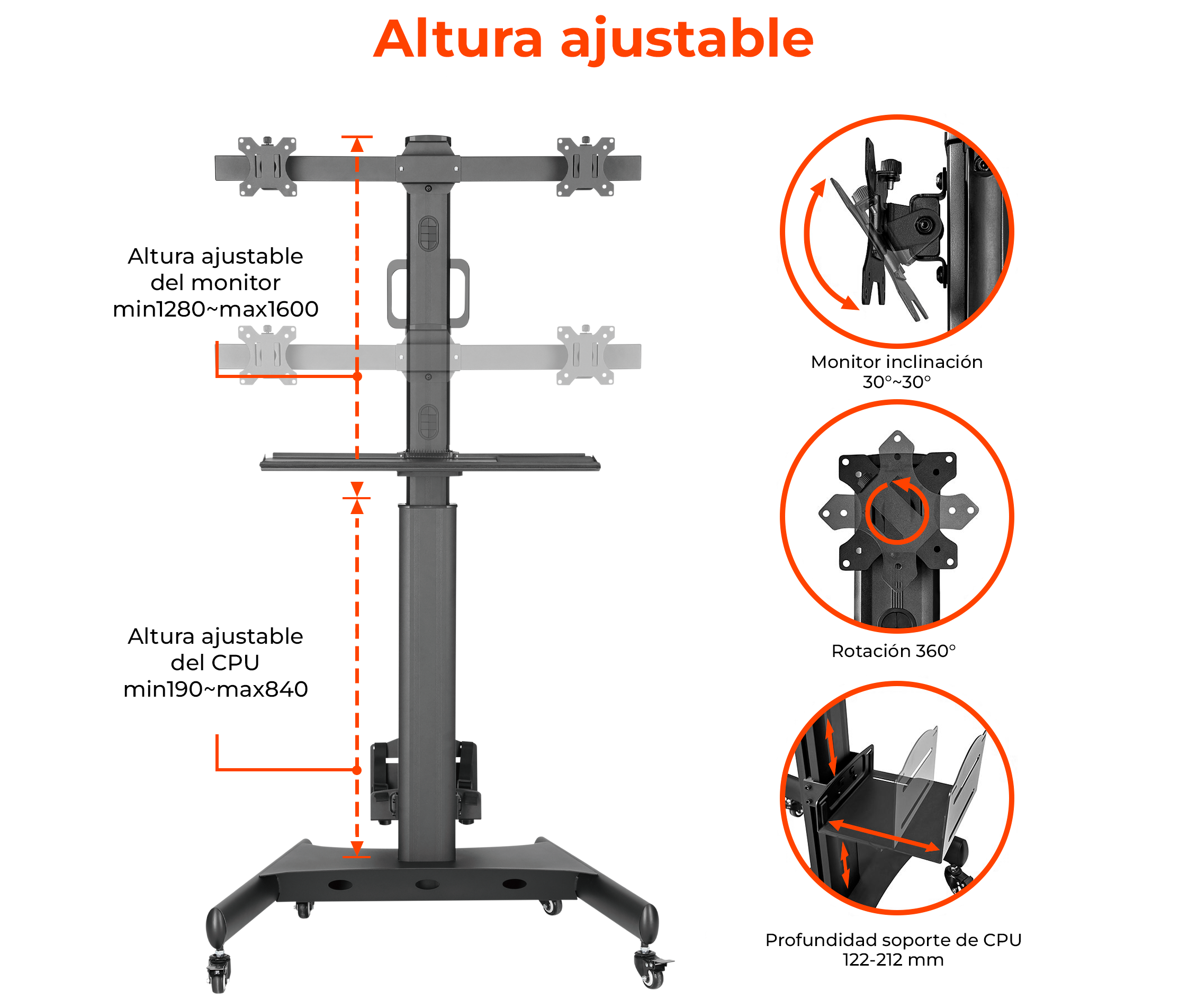 Pedestal con Ruedas para 2 Monitores 13 a 32 Pulg con Soporte para CPU y teclado