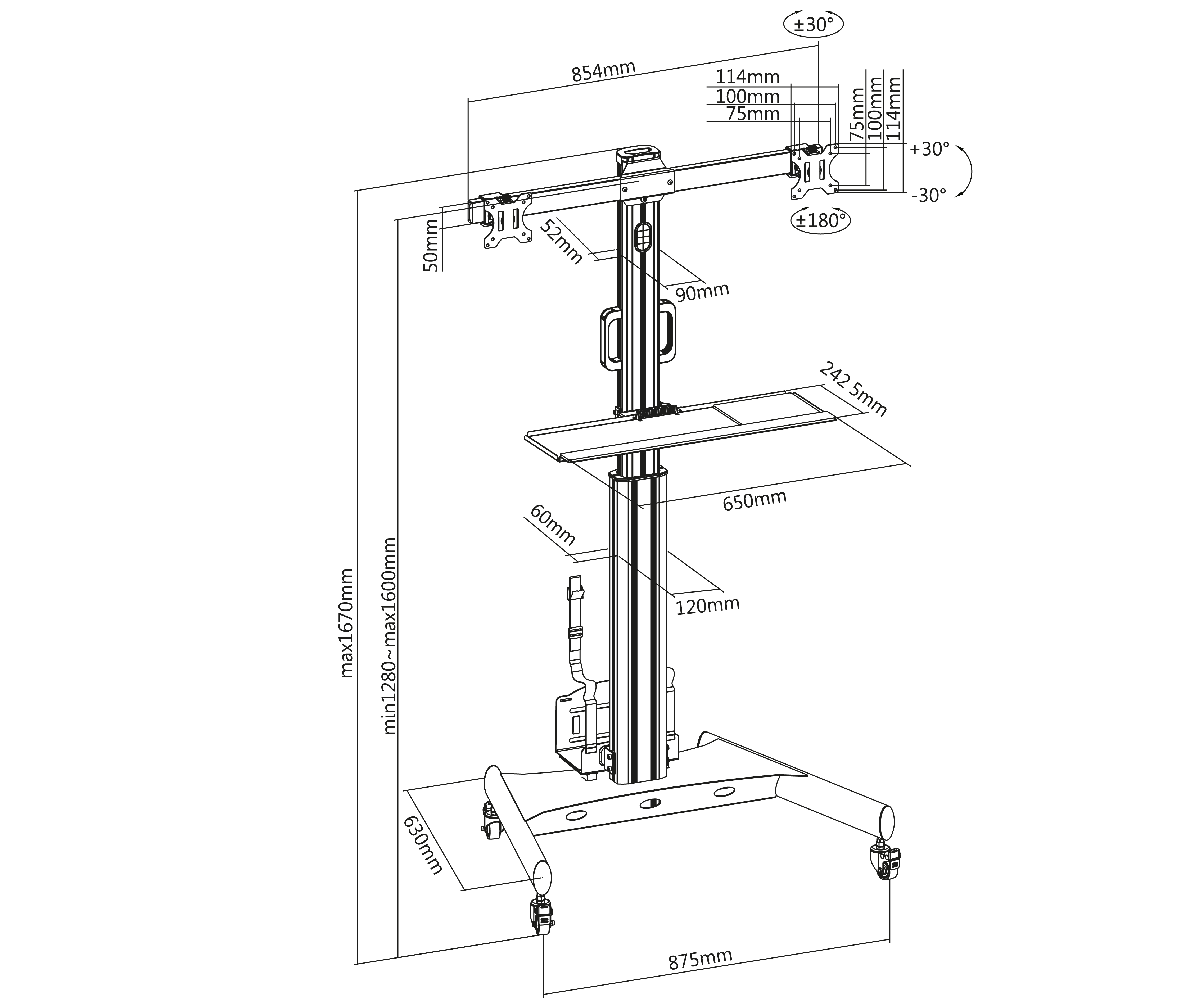 Pedestal con Ruedas para 2 Monitores 13 a 32 Pulg con Soporte para CPU y teclado