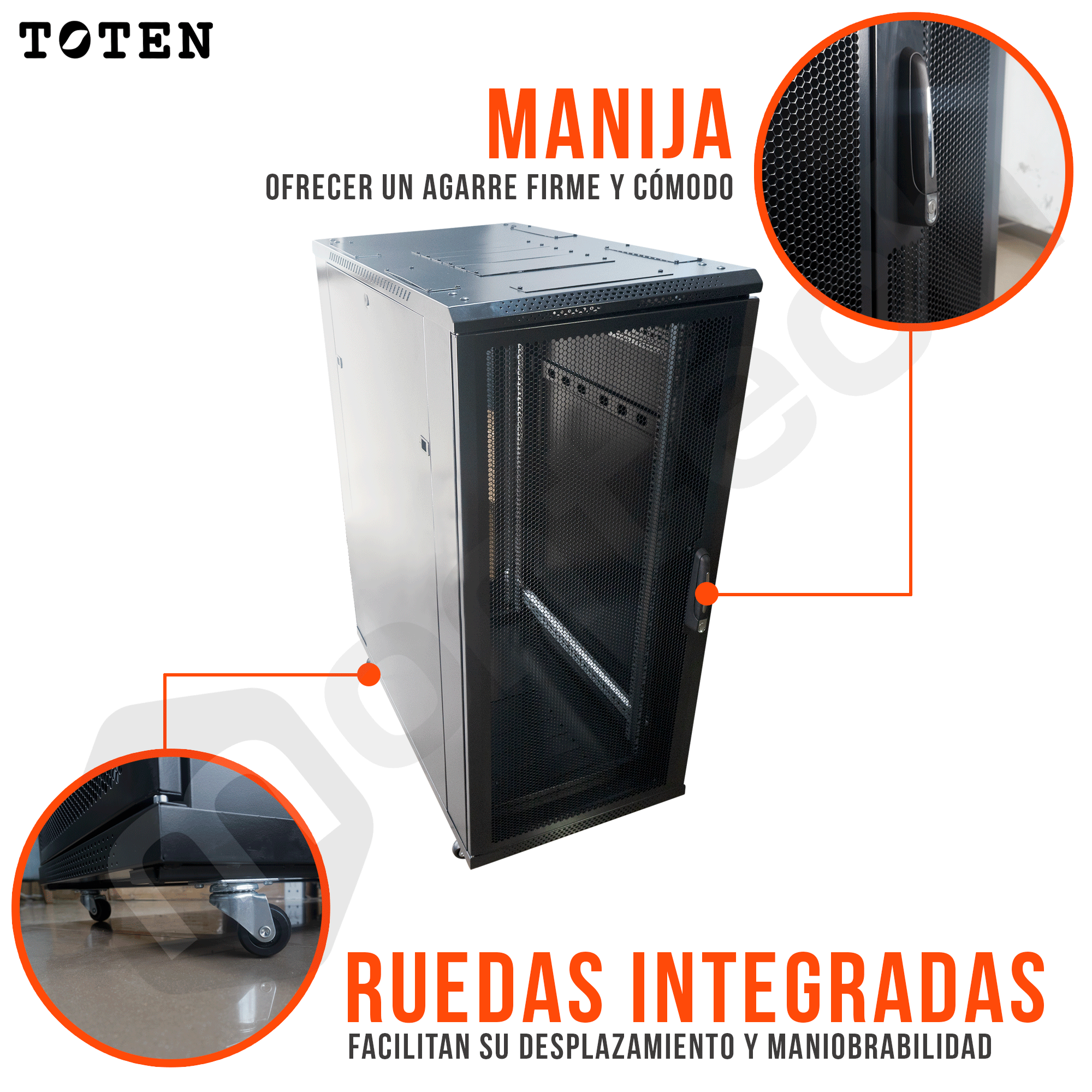 Gabinete de Piso para Servidores / 27 RU / 60x100x140 cm (AnchoxProf.xAlt.) / Puerta Frontal Microperforada Posterior Doble Microperforadas