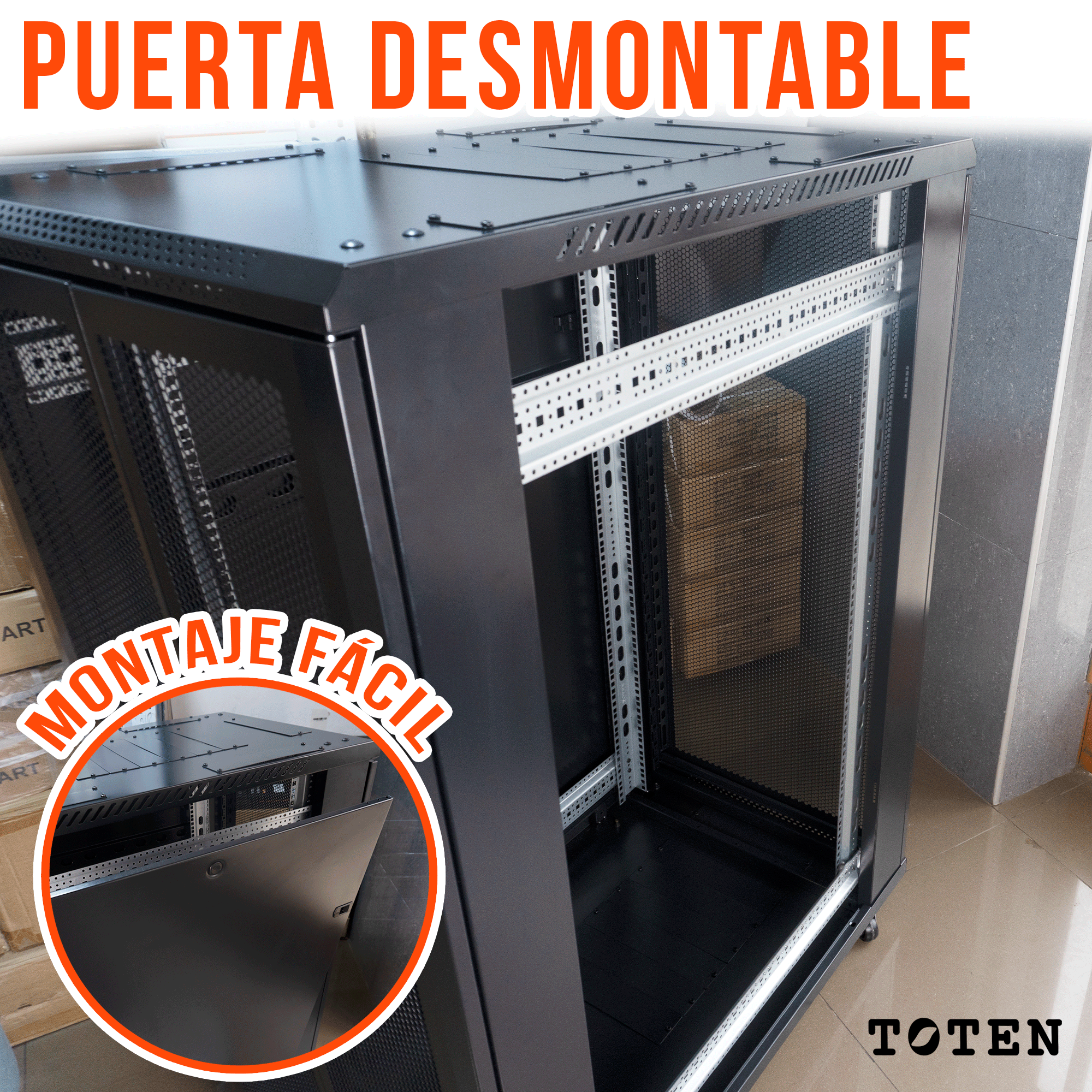 Gabinete de Piso para Servidores / 27 RU / 60x100x140 cm (AnchoxProf.xAlt.) / Puerta Frontal Microperforada Posterior Doble Microperforadas