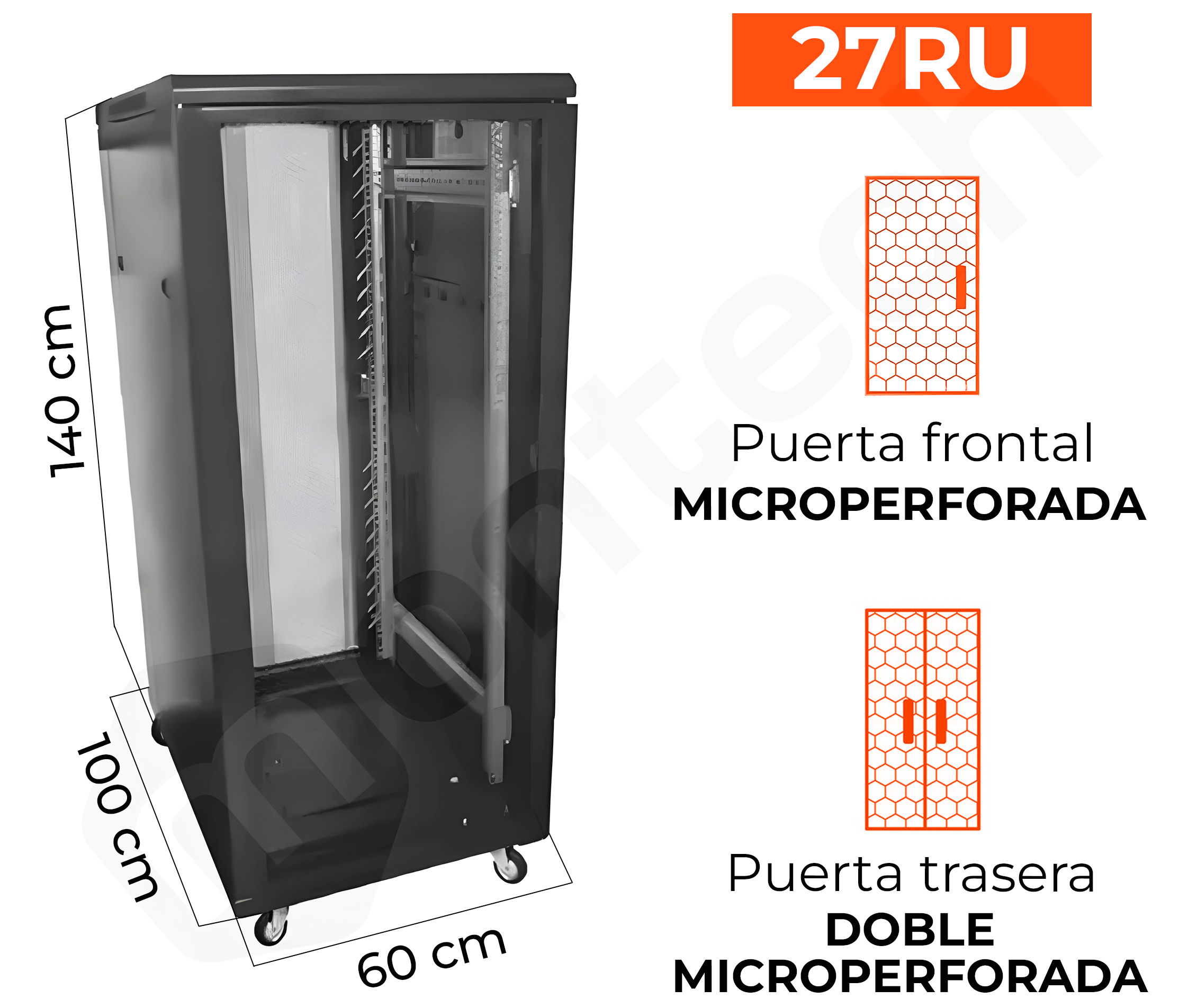 Gabinete de Piso para Servidores / 27 RU / 60x100x140 cm (AnchoxProf.xAlt.) / Puerta Frontal Microperforada Posterior Doble Microperforadas