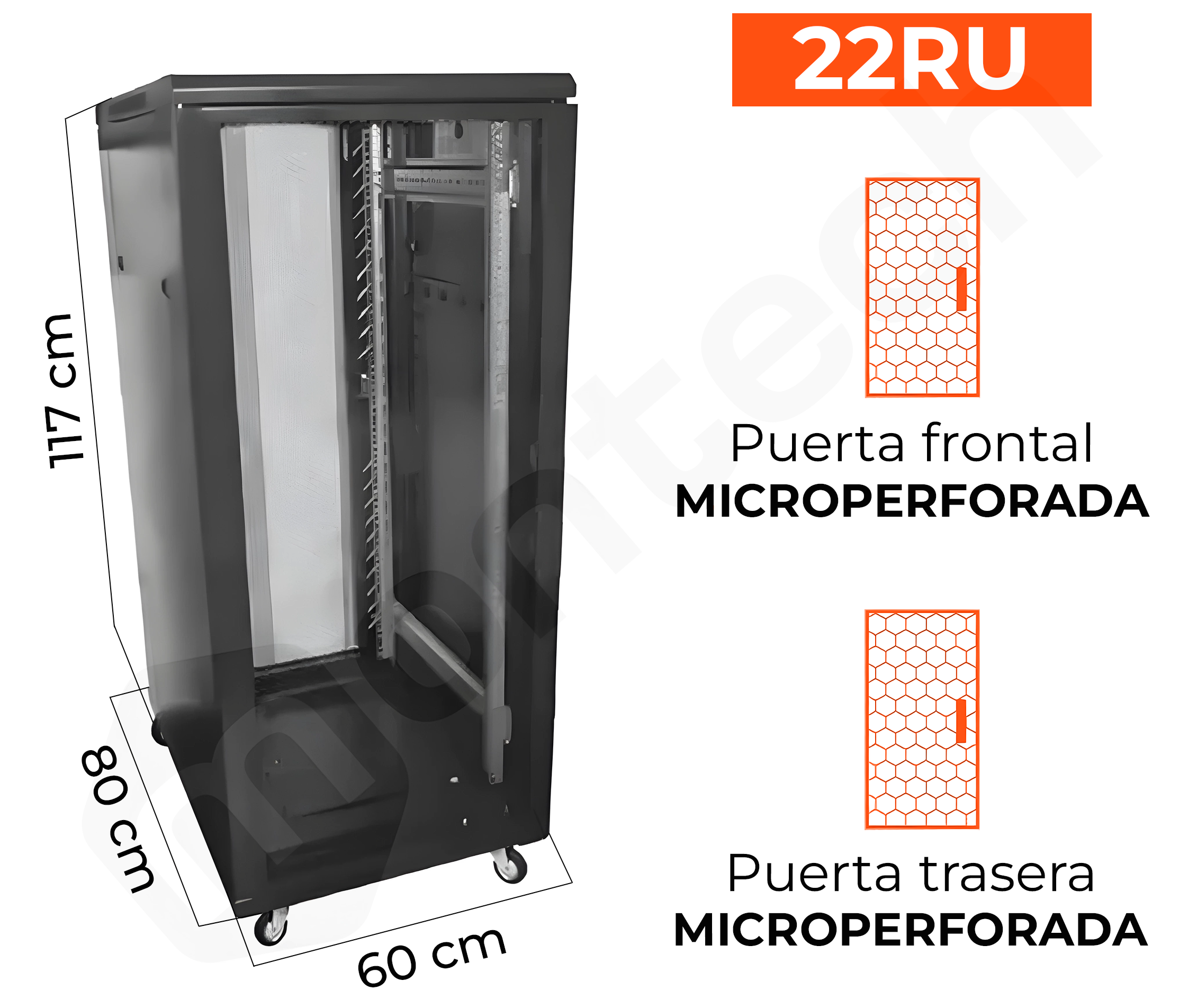 Gabinete de Piso para Servidores / 22 RU / 60x80x117 cm (AnchoxProf.xAlt.) / Puertas Microperforadas
