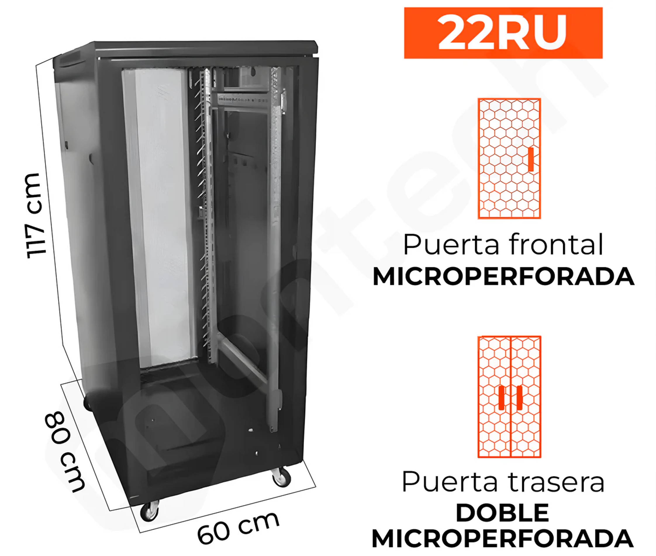 Gabinete de Piso para Servidores / 22 RU / 60x80x117 cm (AnchoxProf.xAlt.) / Puerta Frontal Microperforada Posterior Doble Microperforada