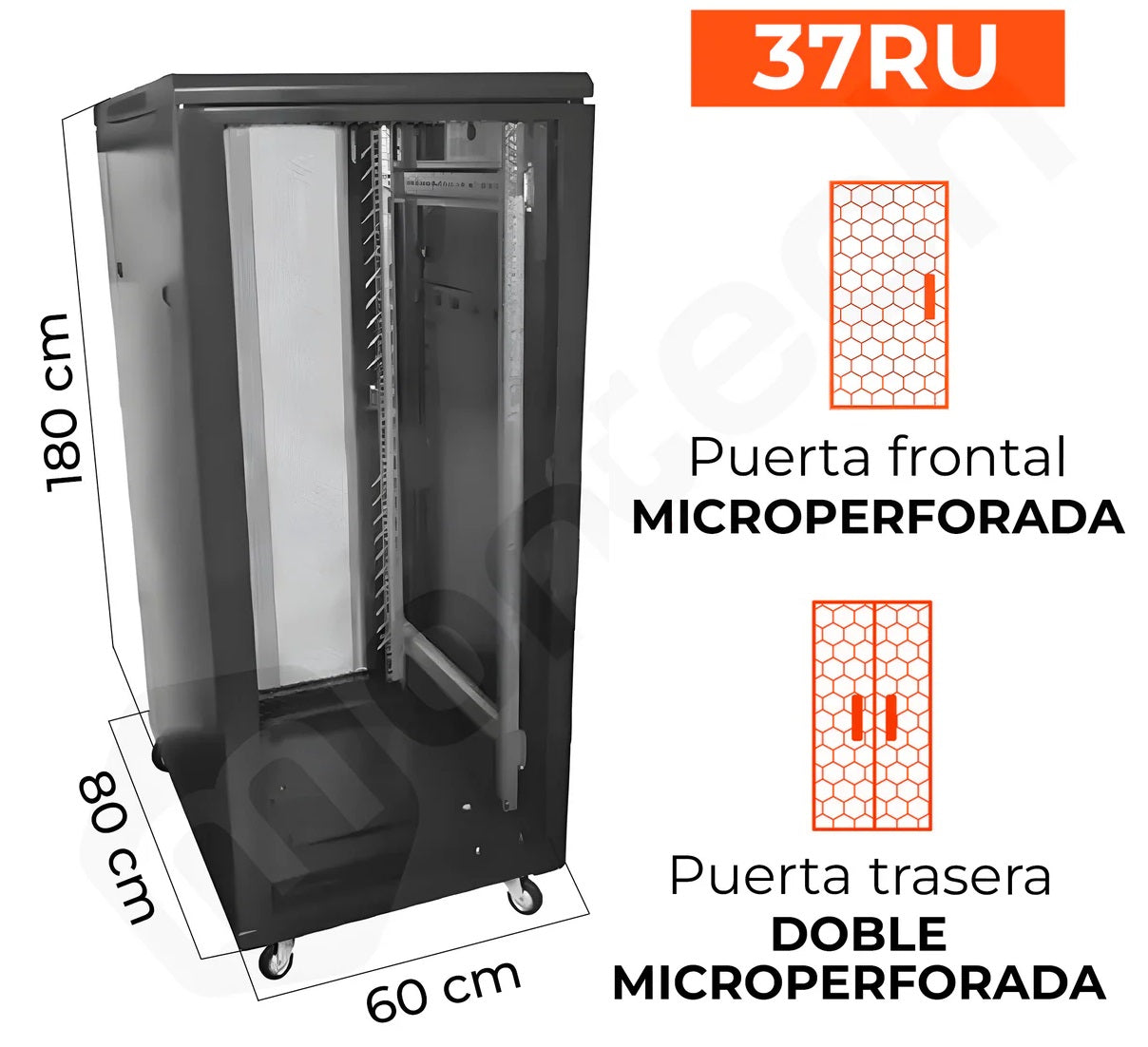 Gabinete de Piso para Servidores / 37 RU / 60x80x180 cm (AnchoxProf.xAlt.) / Puertas Frontal Microperforada y Puerta Posterior Doble Microperforado