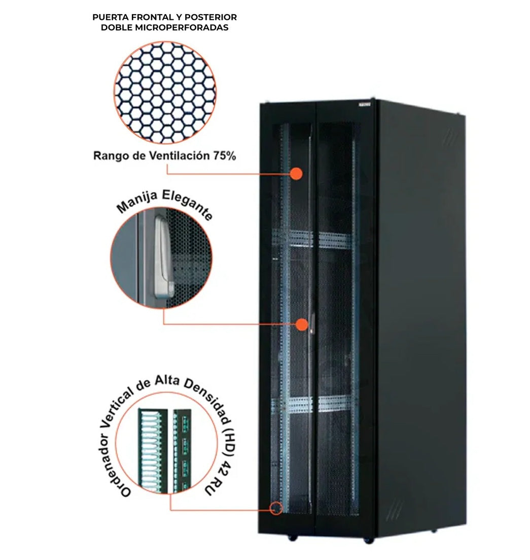Gabinete de Piso para Servidores 42 RU / 80x110x206 cm (AnchoxProf.xAlt.) / Puerta Frontal y Posterior Doble Microperforadas