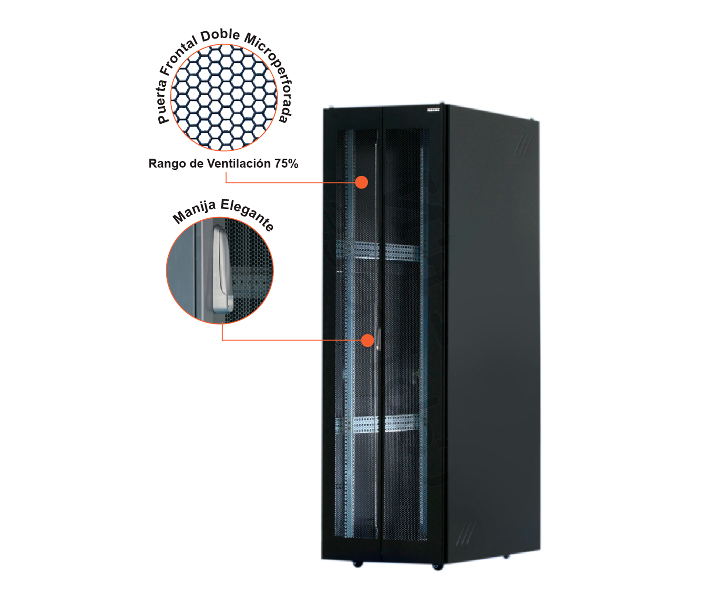 Gabinete de Piso para Servidores / 42 RU / 80x80x206 cm (AnchoxProf.xAlt.) / Puertas Doble Microperforadas