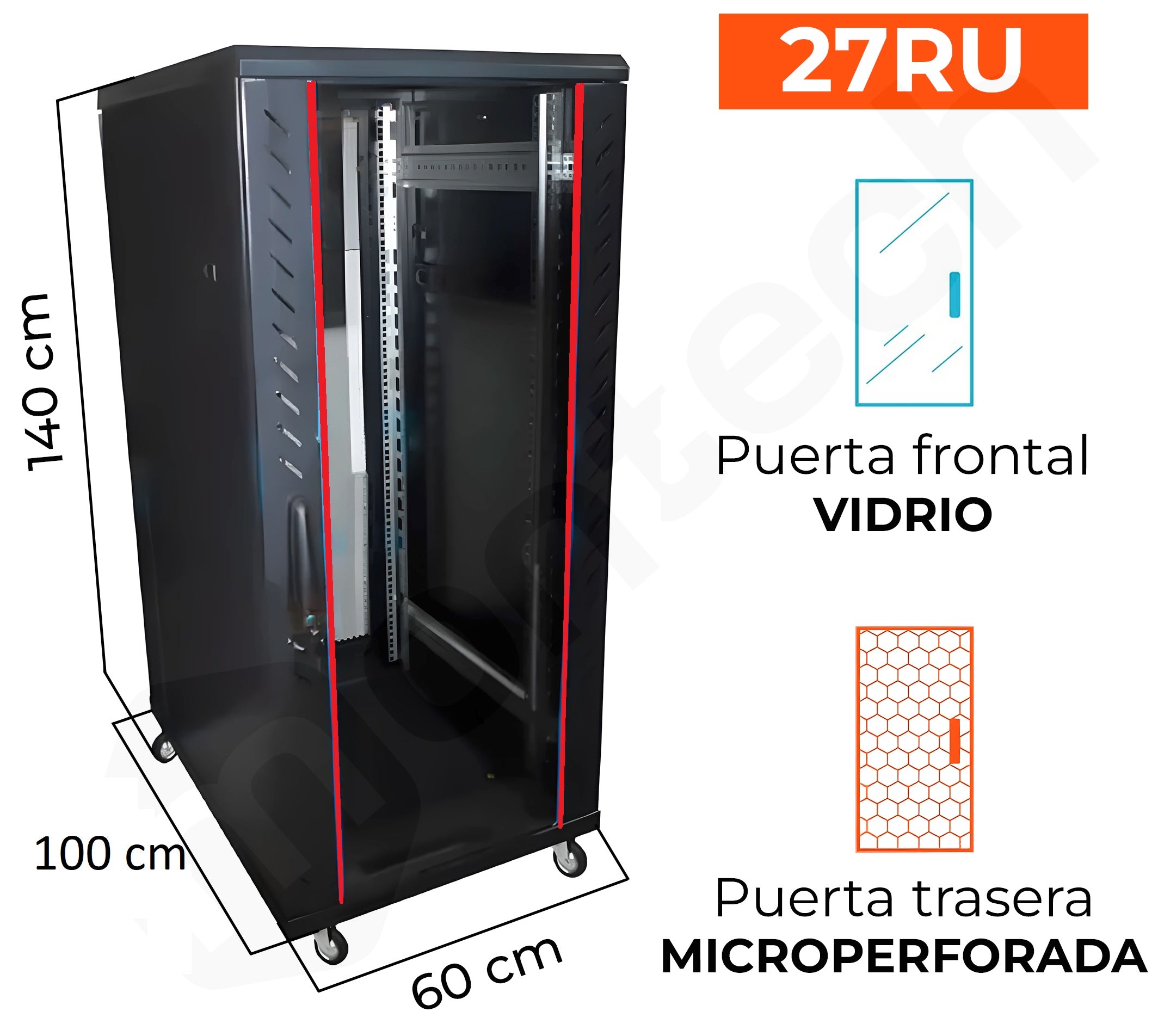 Gabinete de Piso para Servidores / 27 RU / 60x100x140 cm (AnchoxProf.xAlt.) / Puerta Frontal Vidrio Posterior Microperforada
